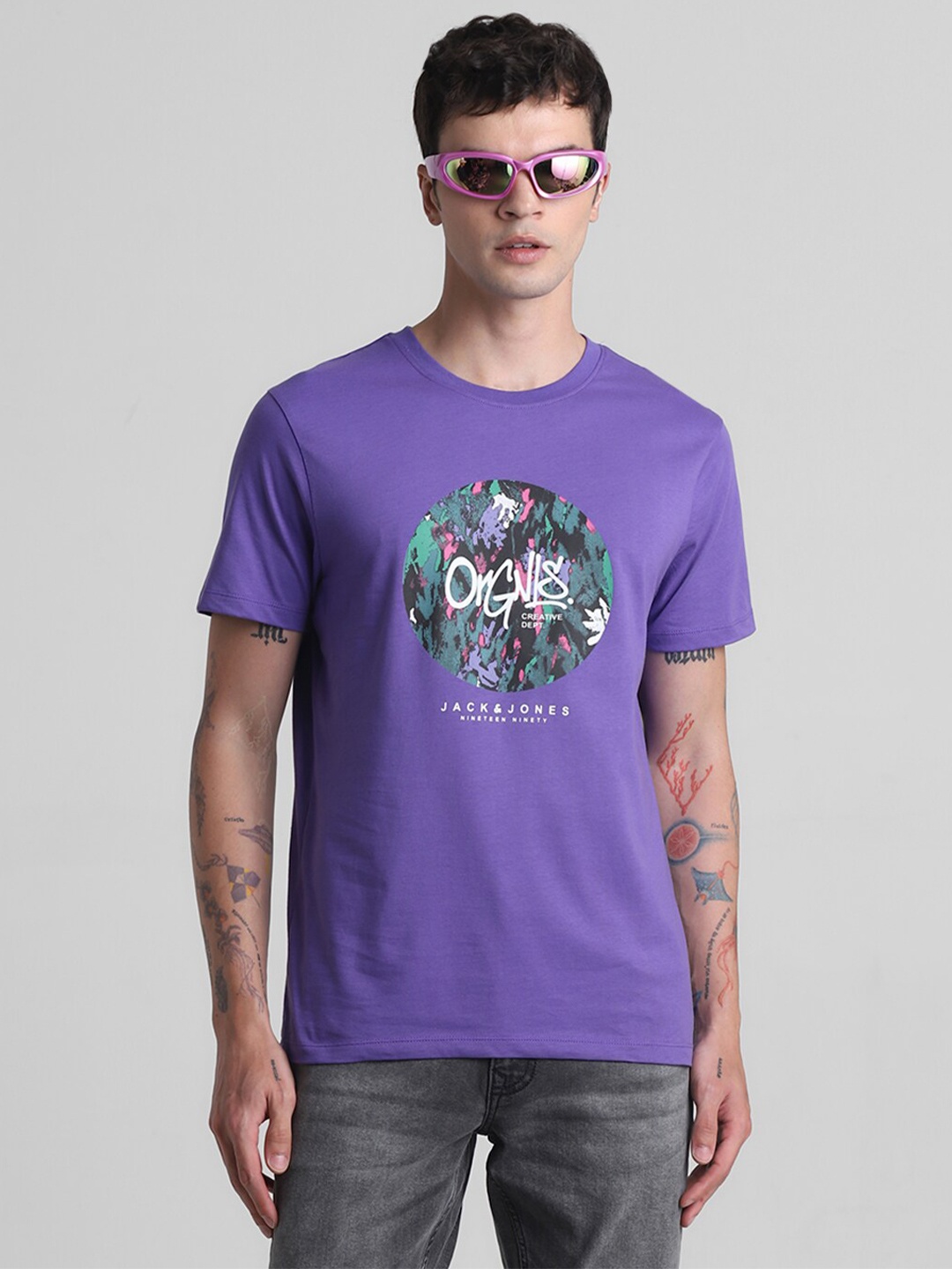 

Jack & Jones Abstract Printed Round Neck Pure Cotton T-shirt, Purple