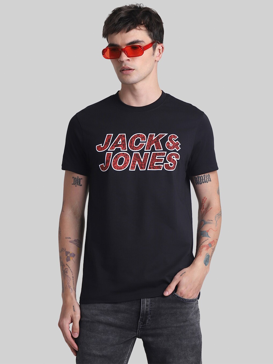 

Jack & Jones Typography Printed Round Neck Pure Cotton Slim Fit T-shirt, Black