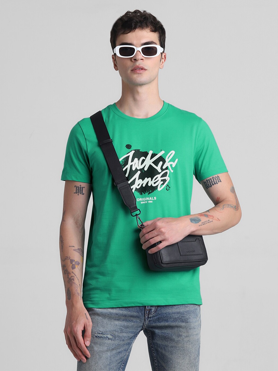

Jack & Jones Typography Printed Round Neck Pure Cotton Slim Fit T-shirt, Green