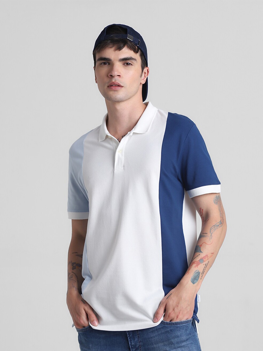 

Jack & Jones Colourblocked Polo Collar Pure Cotton Slim Fit T-shirt, Blue