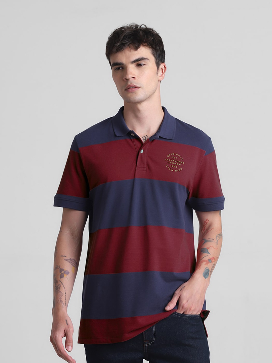 

Jack & Jones Striped Polo Collar Slim Fit Pure Cotton T-shirt, Red