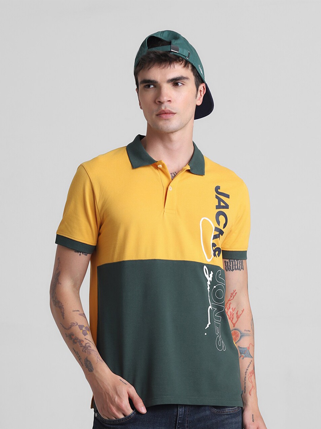 

Jack & Jones Typography Printed Polo Collar Pure Cotton Slim Fit T-shirt, Yellow