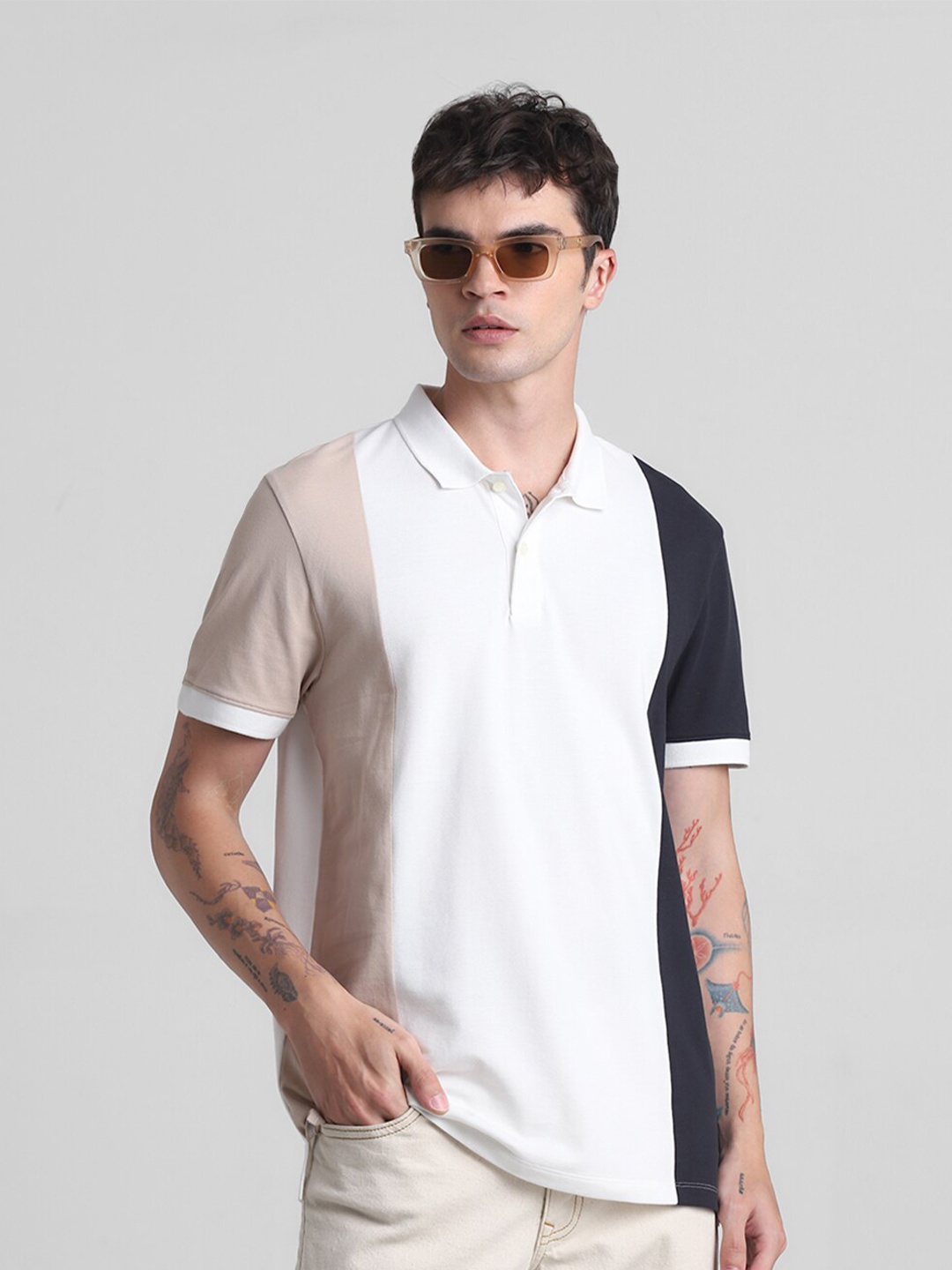 

Jack & Jones Colourblocked Polo Collar Slim Fit Pure Cotton T-shirt, White