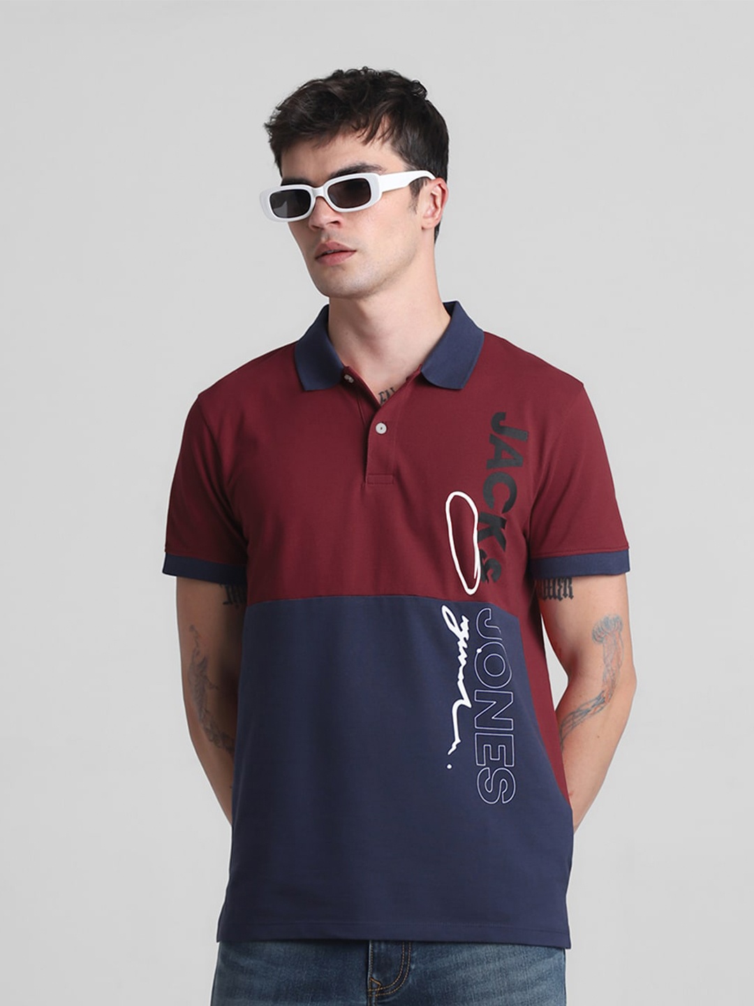 

Jack & Jones Colourblocked Polo Collar Pure Cotton Slim Fit T-shirt, Red