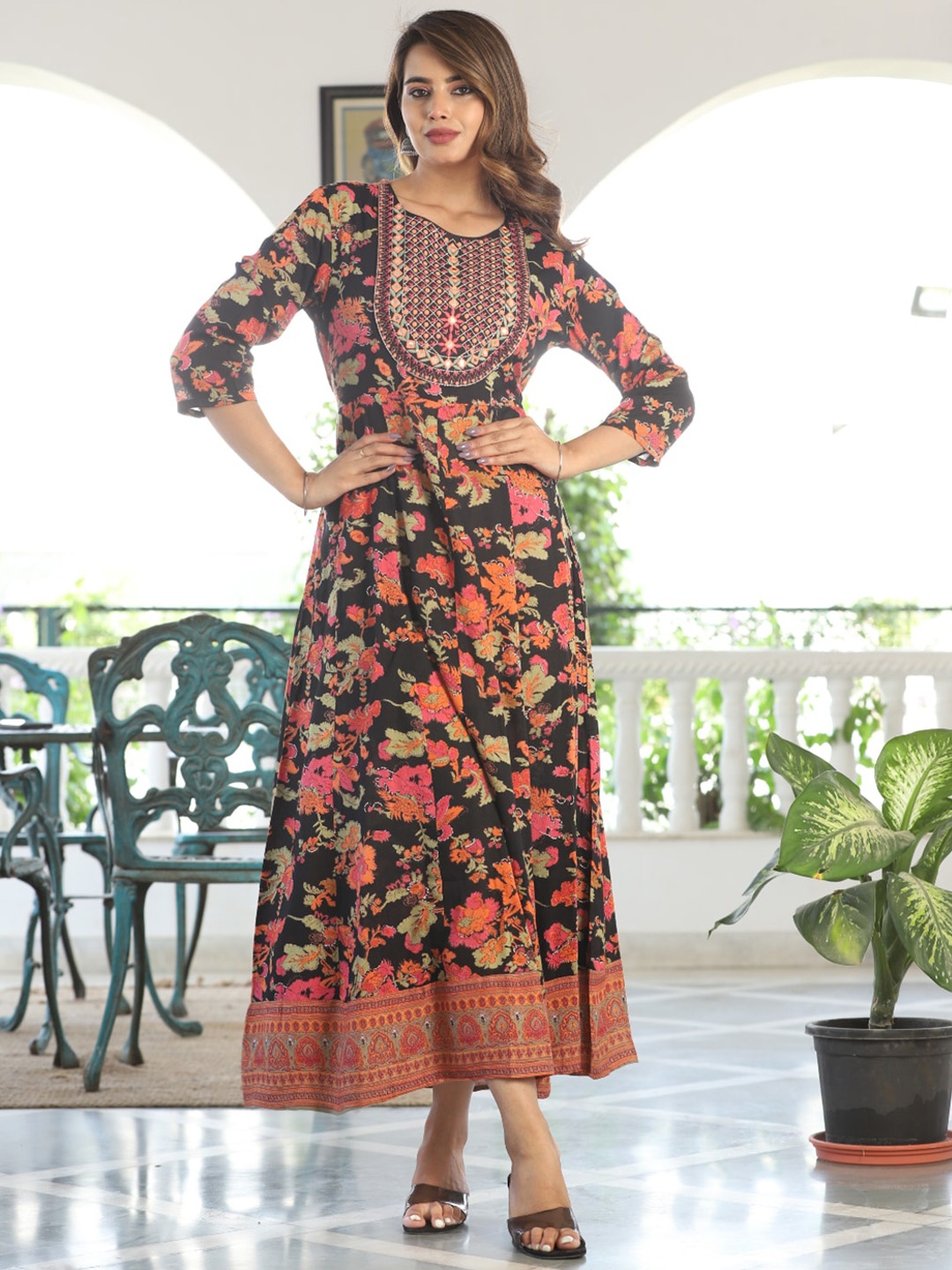 

KALINI Floral Printed Mirror Work Fit & Flare Maxi Ethnic Dresses, Black