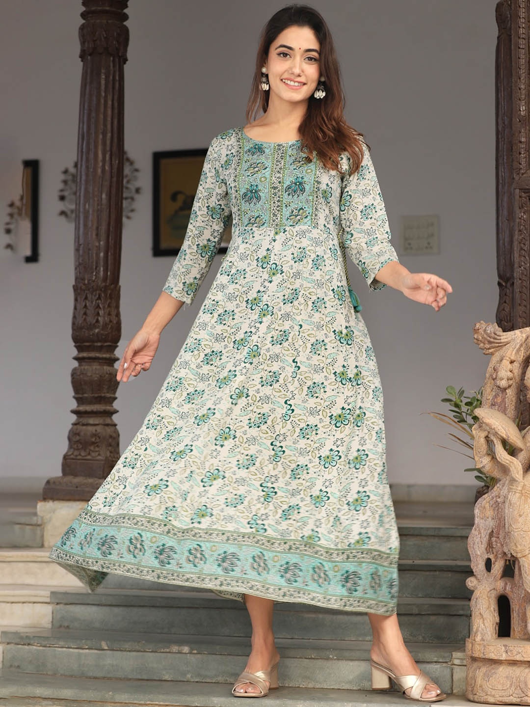 

KALINI Floral Printed Round Neck A-Line Maxi Ethnic Dresses, Off white