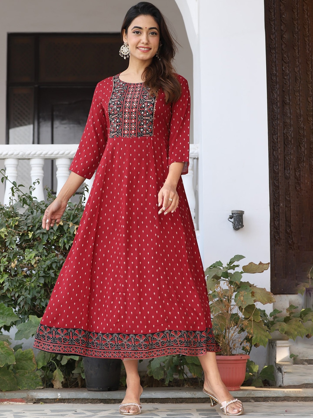 

KALINI Floral Printed Round Neck Mirror Work A-Line Midi Ethnic Dress, Red