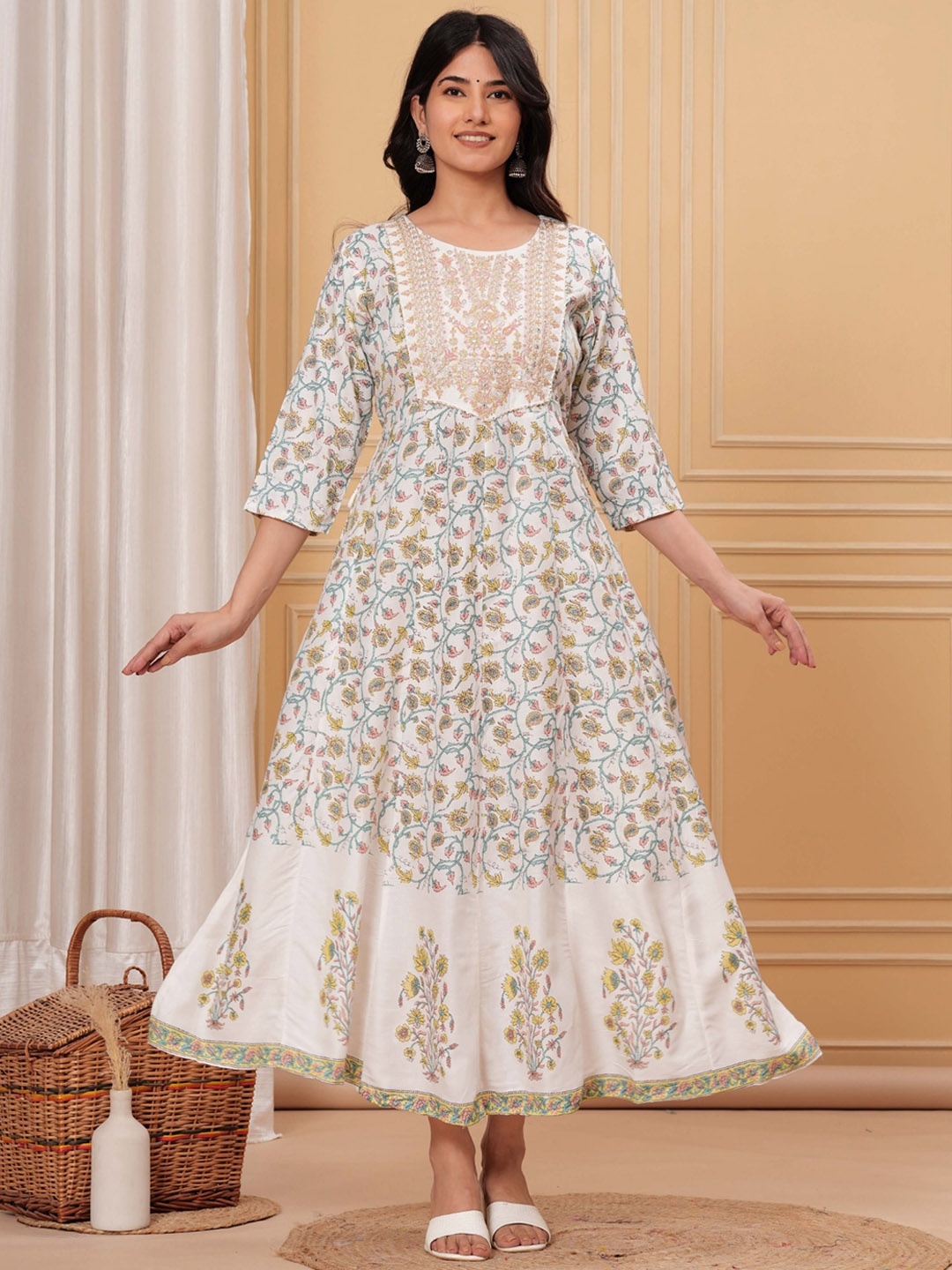 

KALINI Floral Printed Round Neck A-Line Maxi Ethnic Dress, White
