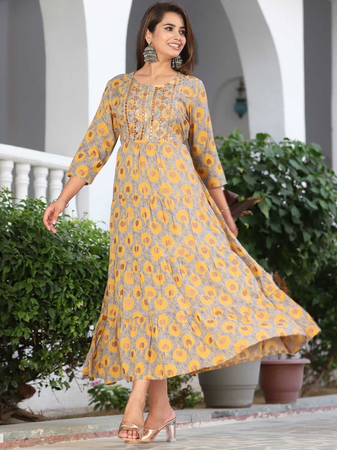 

KALINI Floral Printed Round Neck Mirror Work Fit & Flare Midi Dress, Yellow