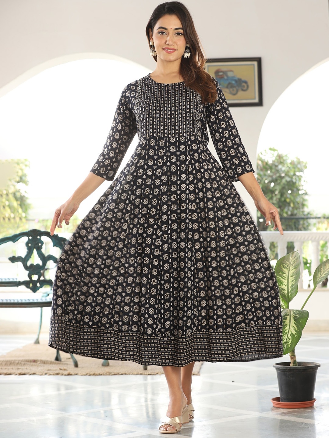 

KALINI Floral Printed Round Neck Mirror Work Fit & Flare Midi Ethnic Dress, Black