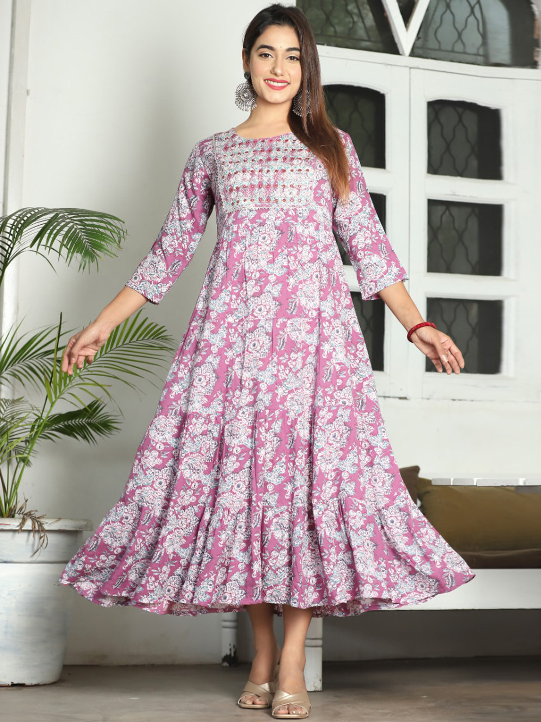 

KALINI Floral Printed Round Neck Mirror Work Fit & Flare Midi Ethnic Dresses, Purple