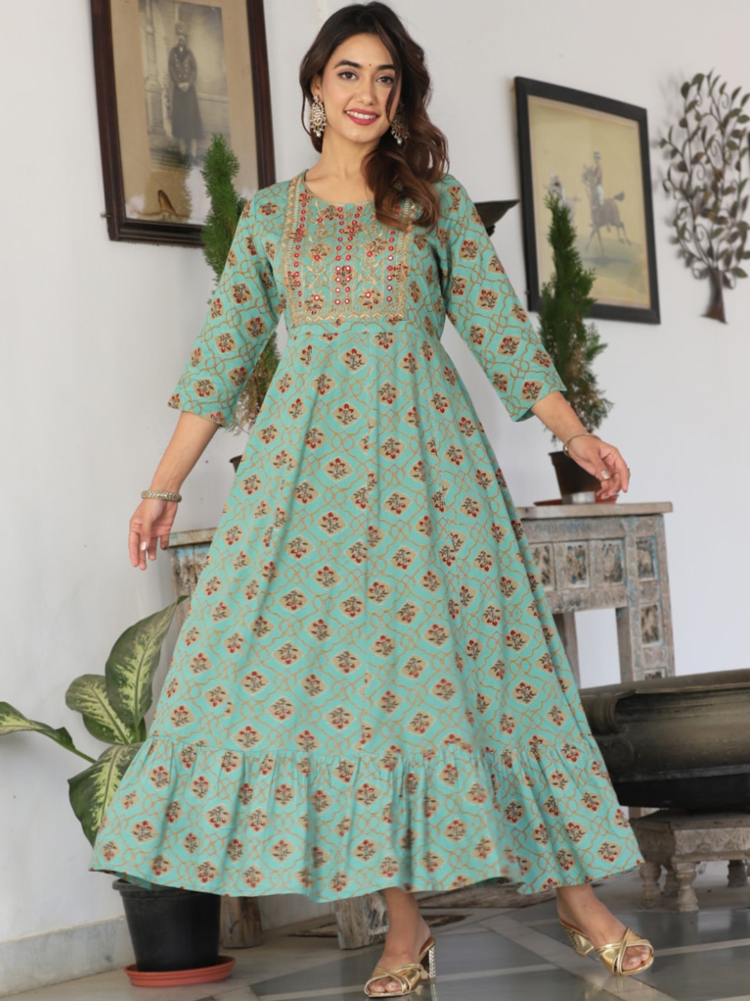 

KALINI Floral Printed Round Neck Mirror Work A-Line Maxi Ethnic Dresses, Green