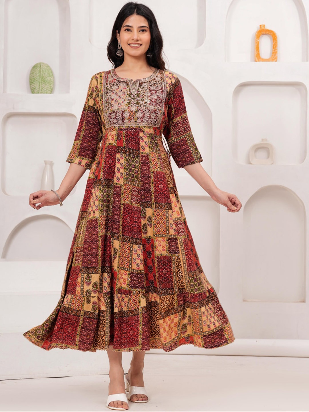 

KALINI Floral Printed V-Neck Fit & Flare Midi Ethnic Dresses, Brown