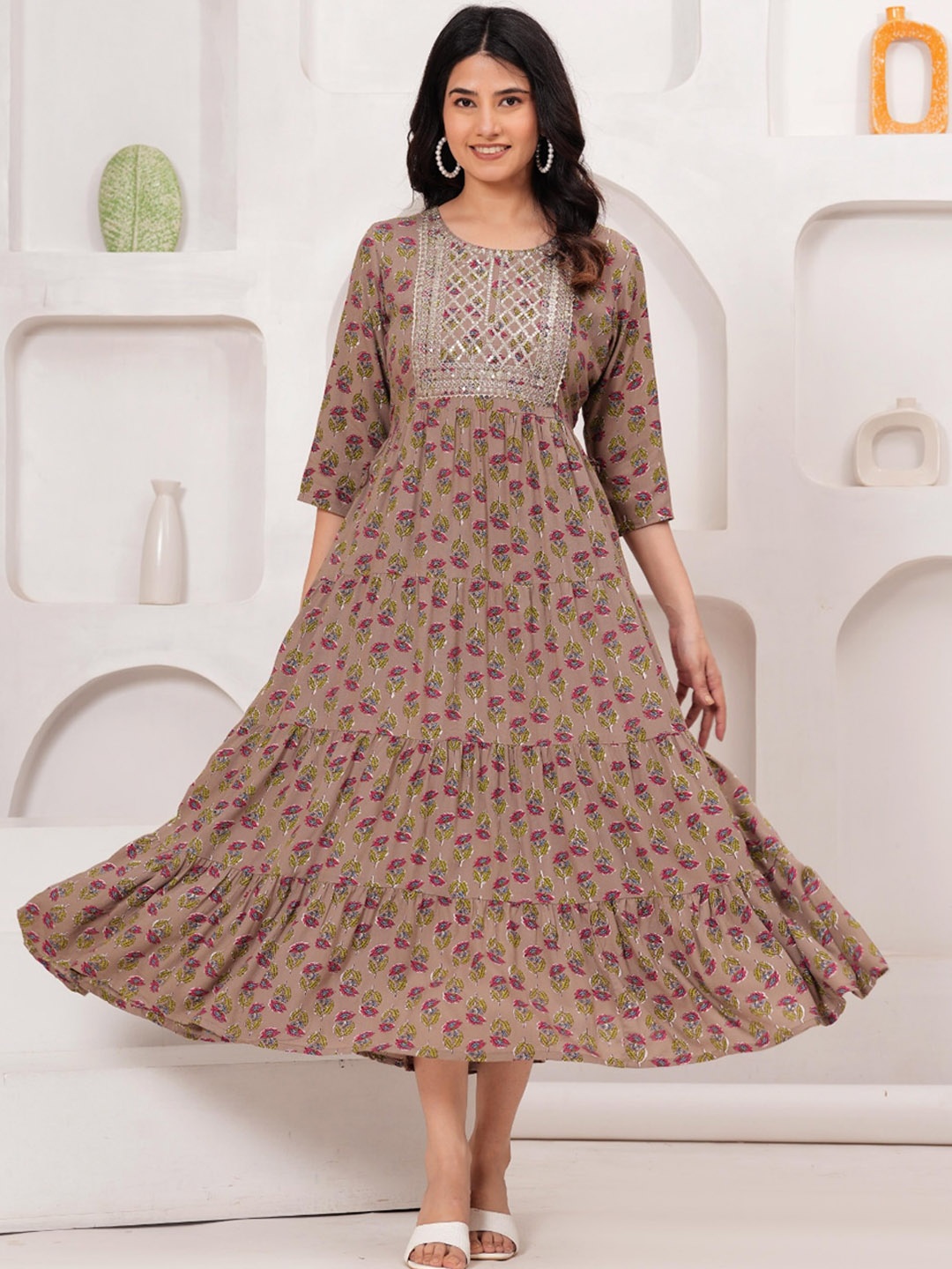 

KALINI Floral Printed Sequined A-Line Midi Ethnic Dresses, Brown