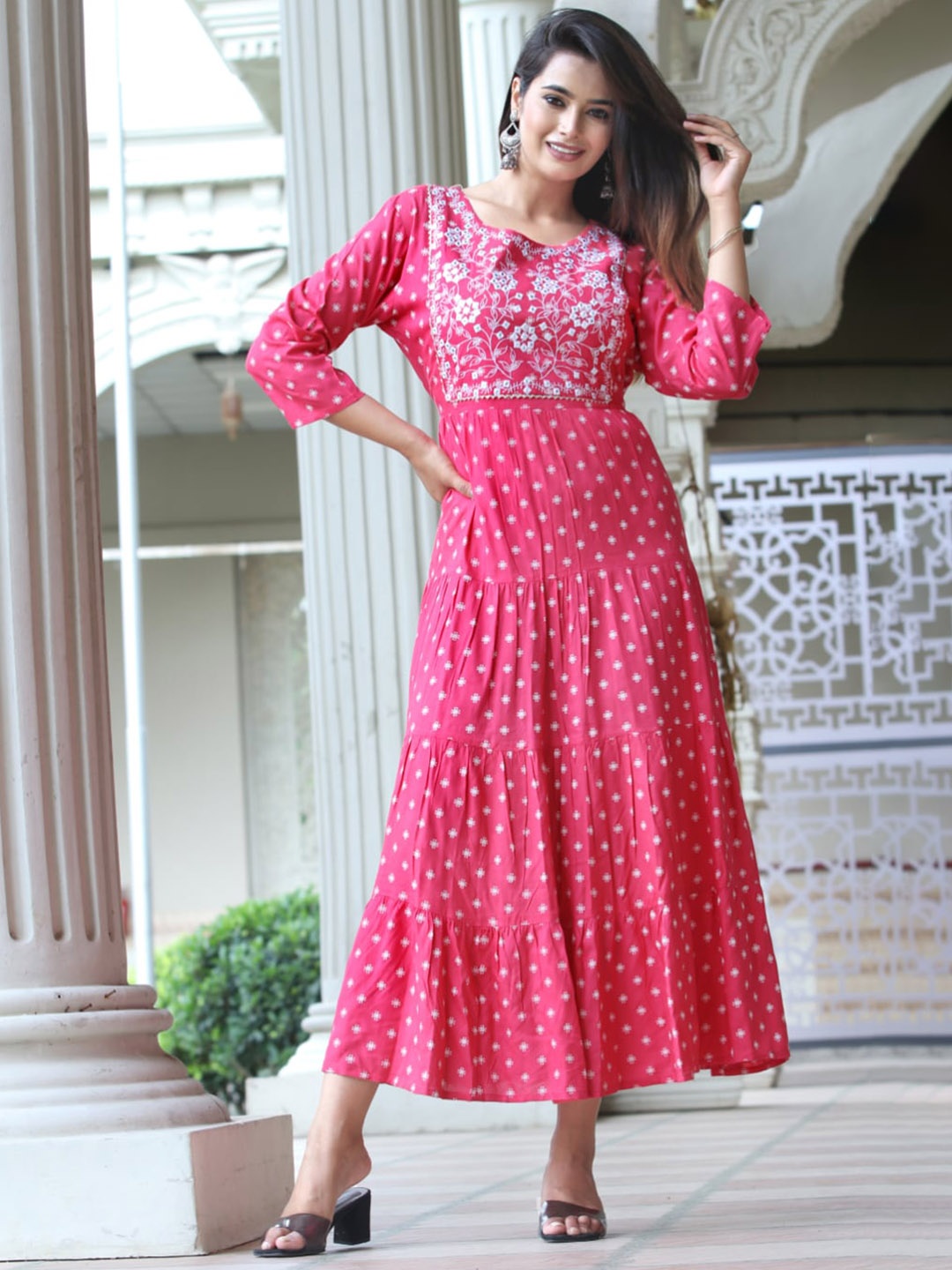 

KALINI Floral Printed Round Neck Ethnic Fit & Flare Midi Ethnic Dress, Pink
