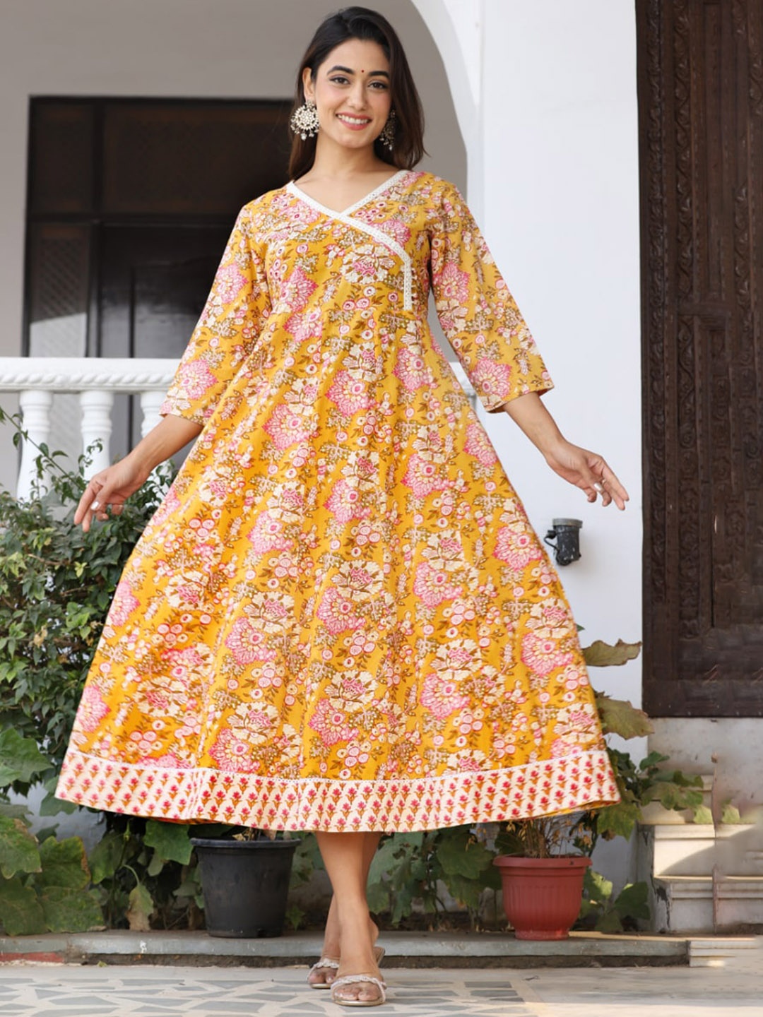 

KALINI Floral Printed V-Neck Fit & Flare Midi Ethnic Dresses, Mustard