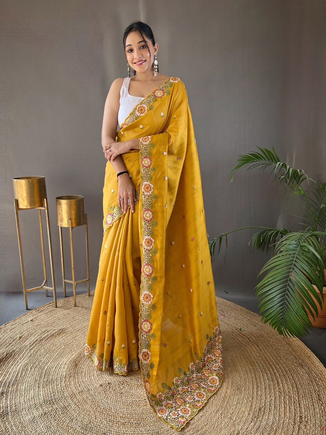

LeeliPeeri Designer Floral Embroidered Tussar Saree, Yellow