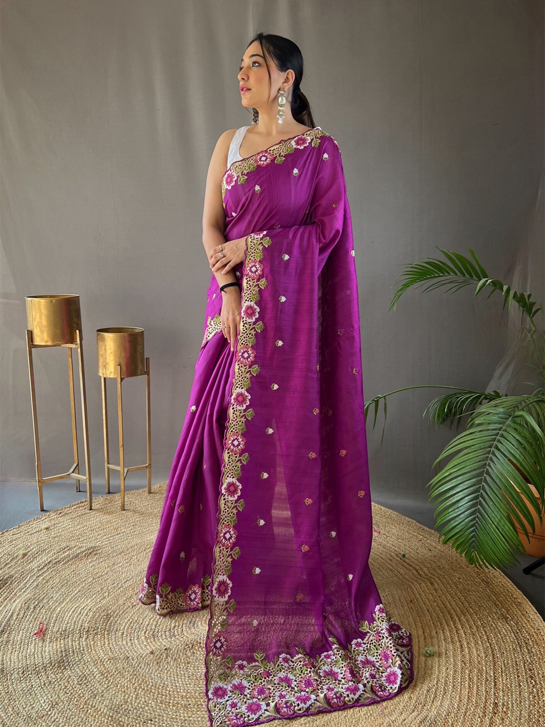 

LeeliPeeri Designer Floral Embroidered Silk Blend Tussar Saree, Purple