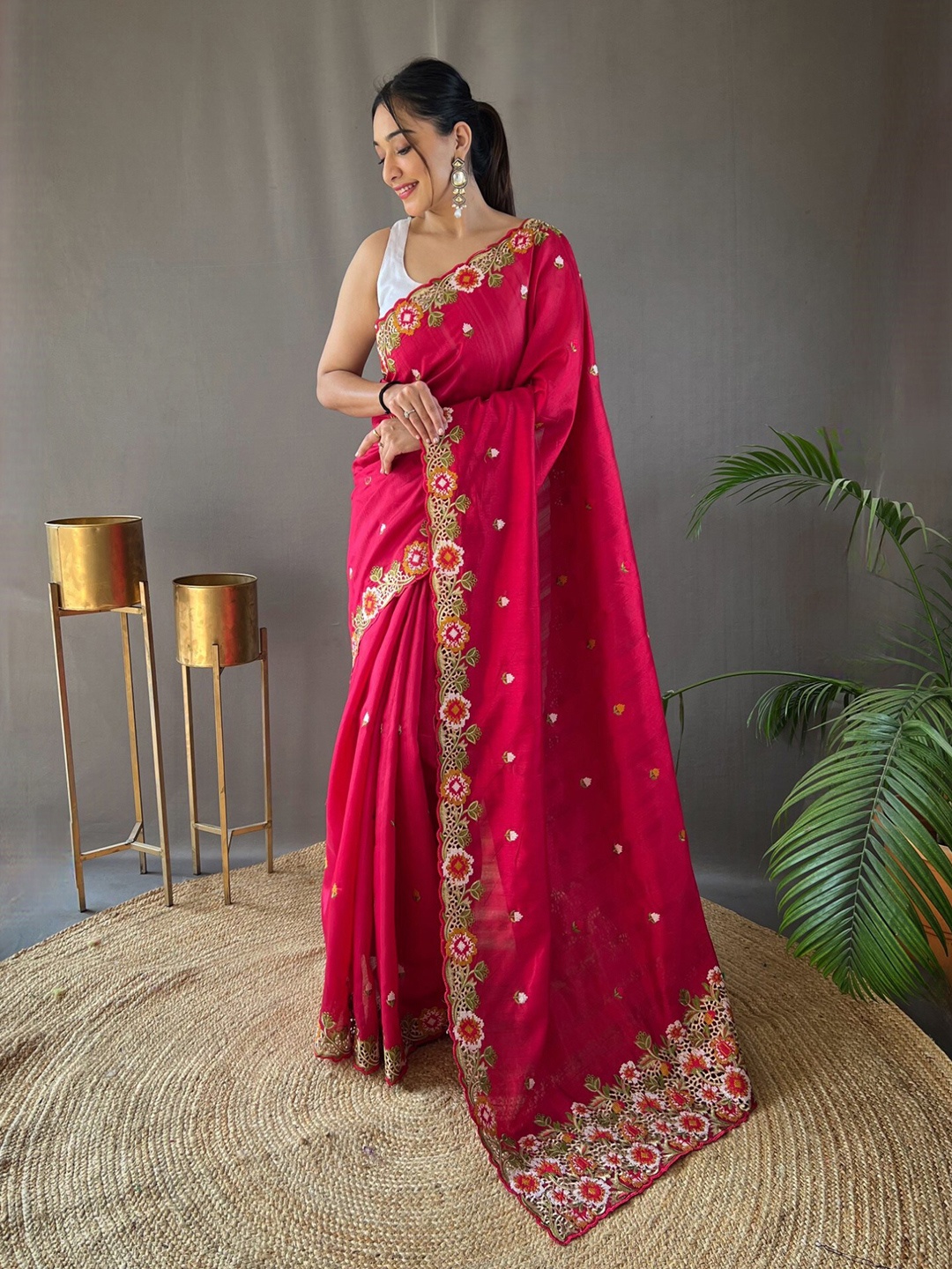 

LeeliPeeri Designer Floral Embroidered Tussar Saree, Red