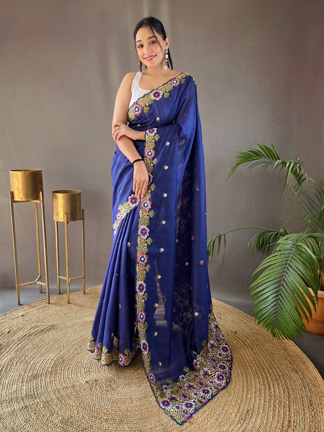 

LeeliPeeri Designer Floral Embroidered Tussar Saree, Navy blue