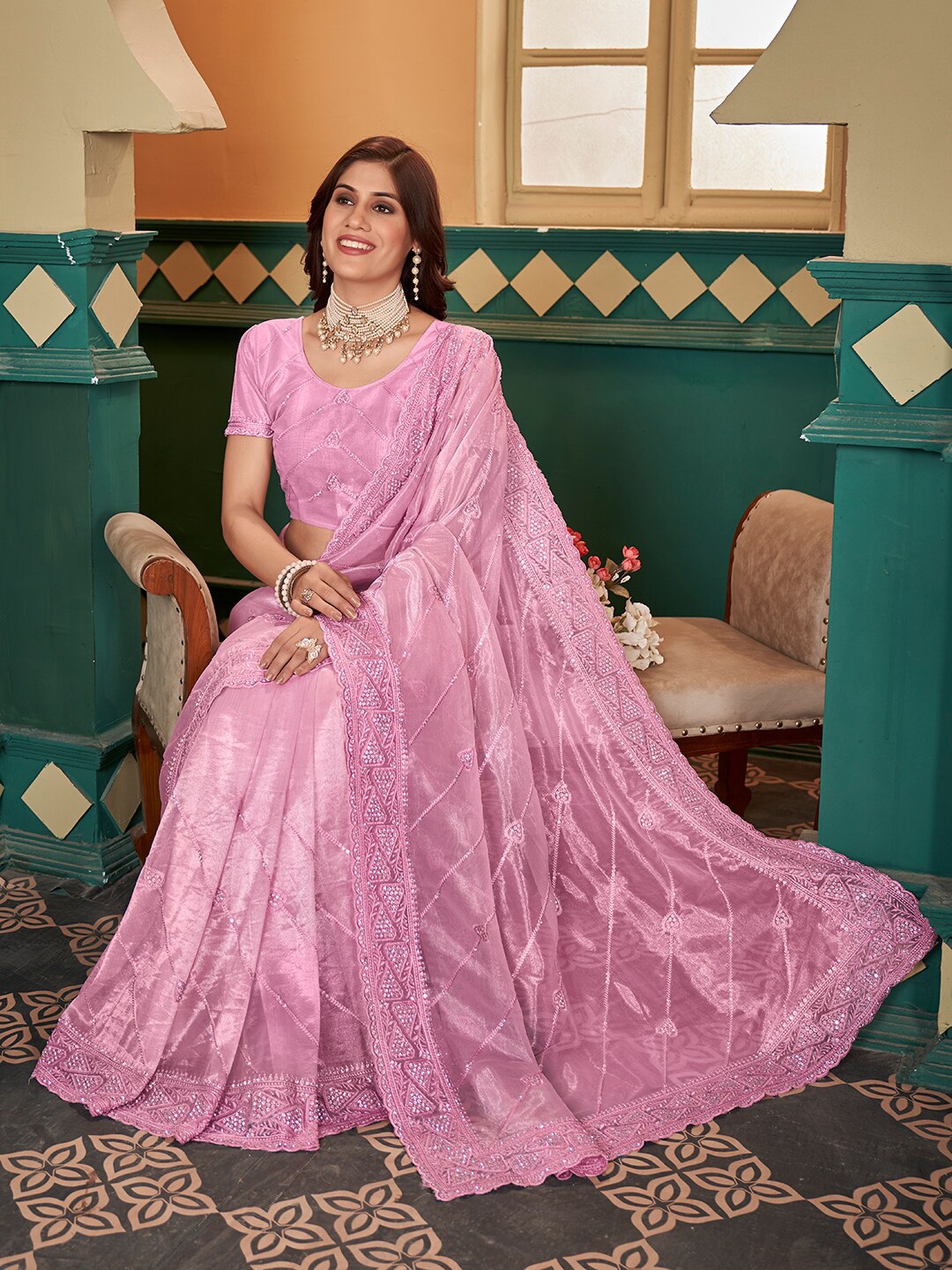 

Mitera Ethnic Motifs Embroidered Beads and Stones Net Saree, Pink