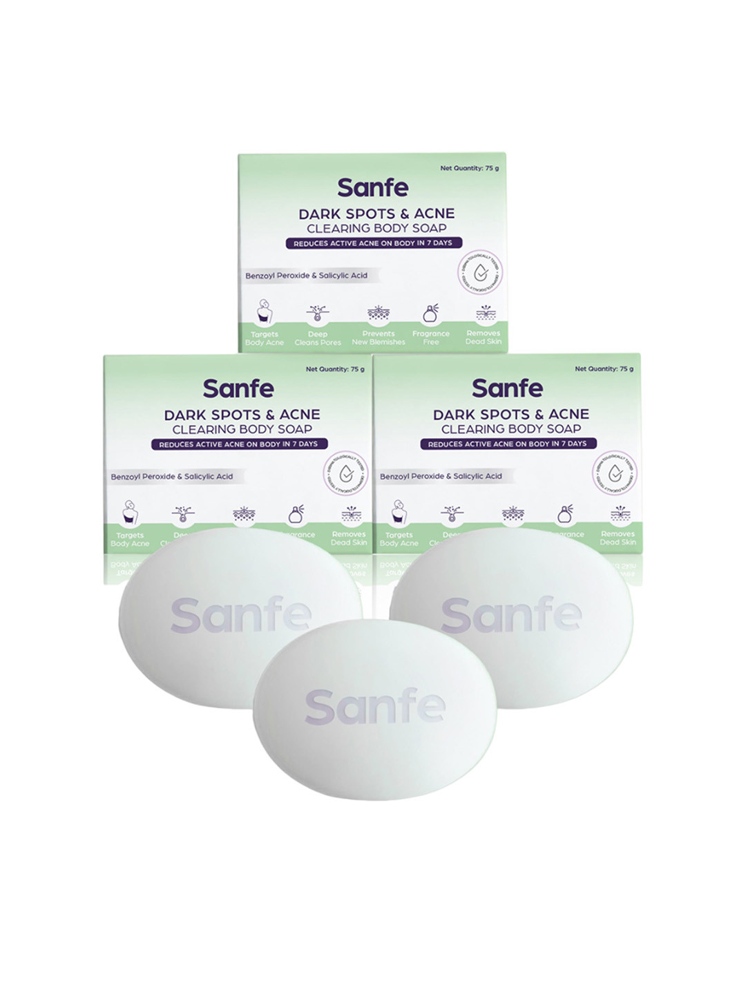 

Sanfe Set of 3 Dark Spots & Acne Clearing Body Soap with Salicylic Acid - 75 g each, White