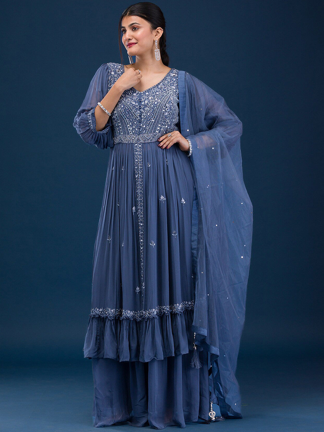 

Koskii Floral Embroidered Regular Anarkali Kurta With Palazzos & Dupatta, Blue