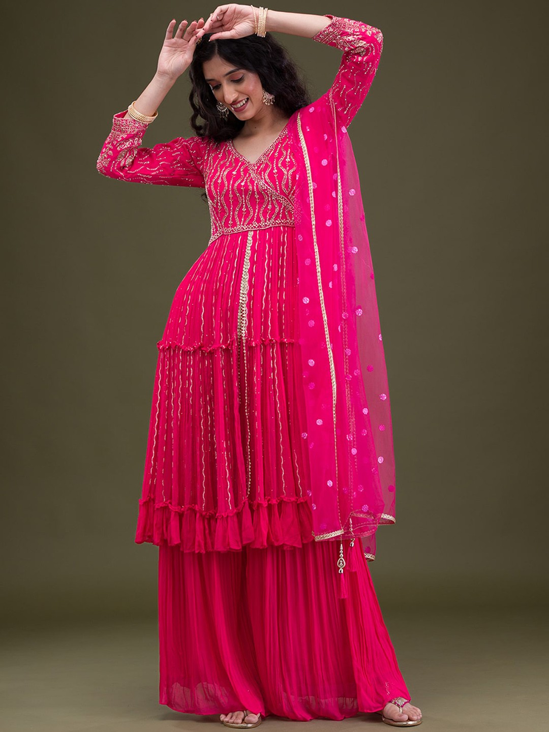 

Koskii Floral Embroidered Angrakha Sequinned Kurta With Palazzos & Dupatta, Pink