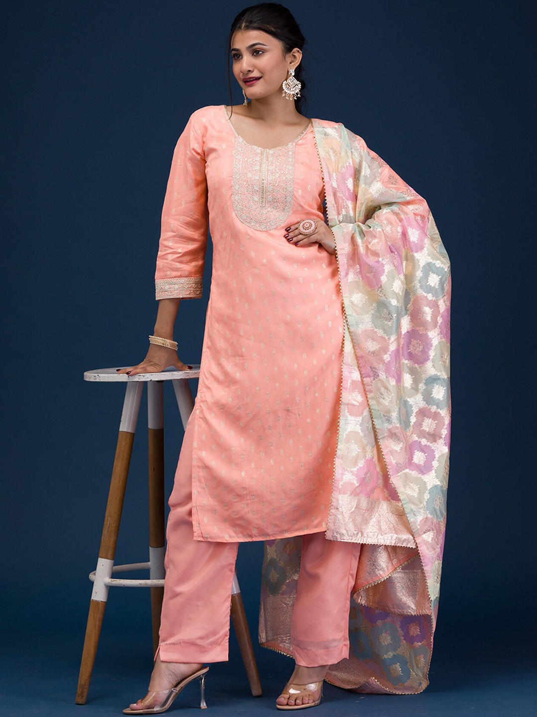 

Koskii Floral Embroidered Sequinned Chanderi Cotton Kurta with Trousers & With Dupatta, Peach