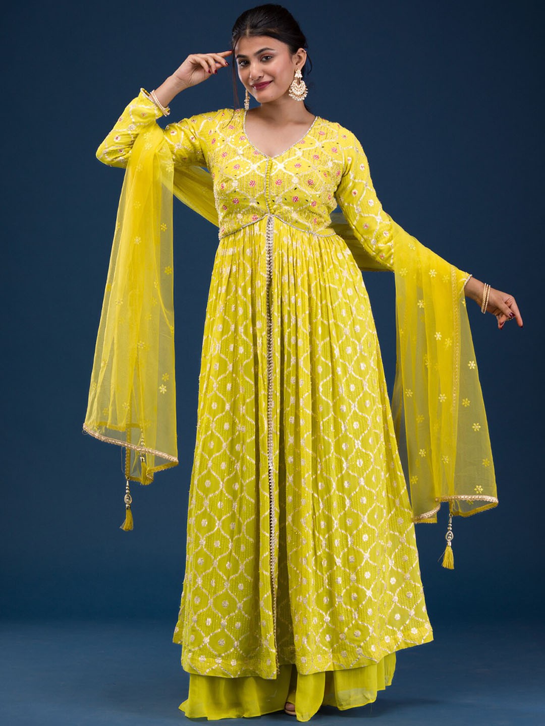 

Koskii Ethnic Motifs Embroidered Beads & Stones Anarkali Kurta with Palazzos & Dupatta, Green