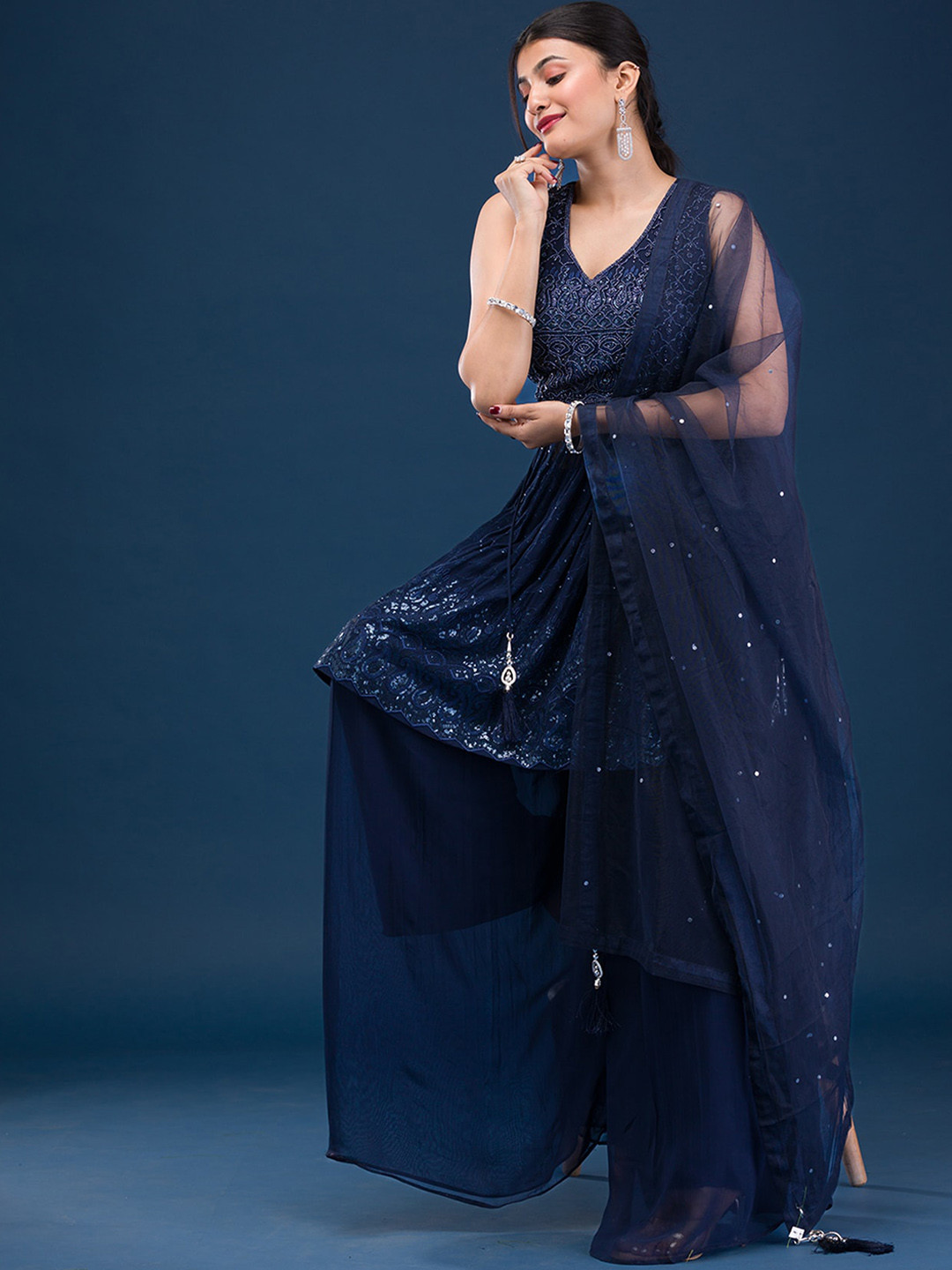 

Koskii Ethnic Motifs Embroidered Kurti with Sharara & With Dupatta, Blue