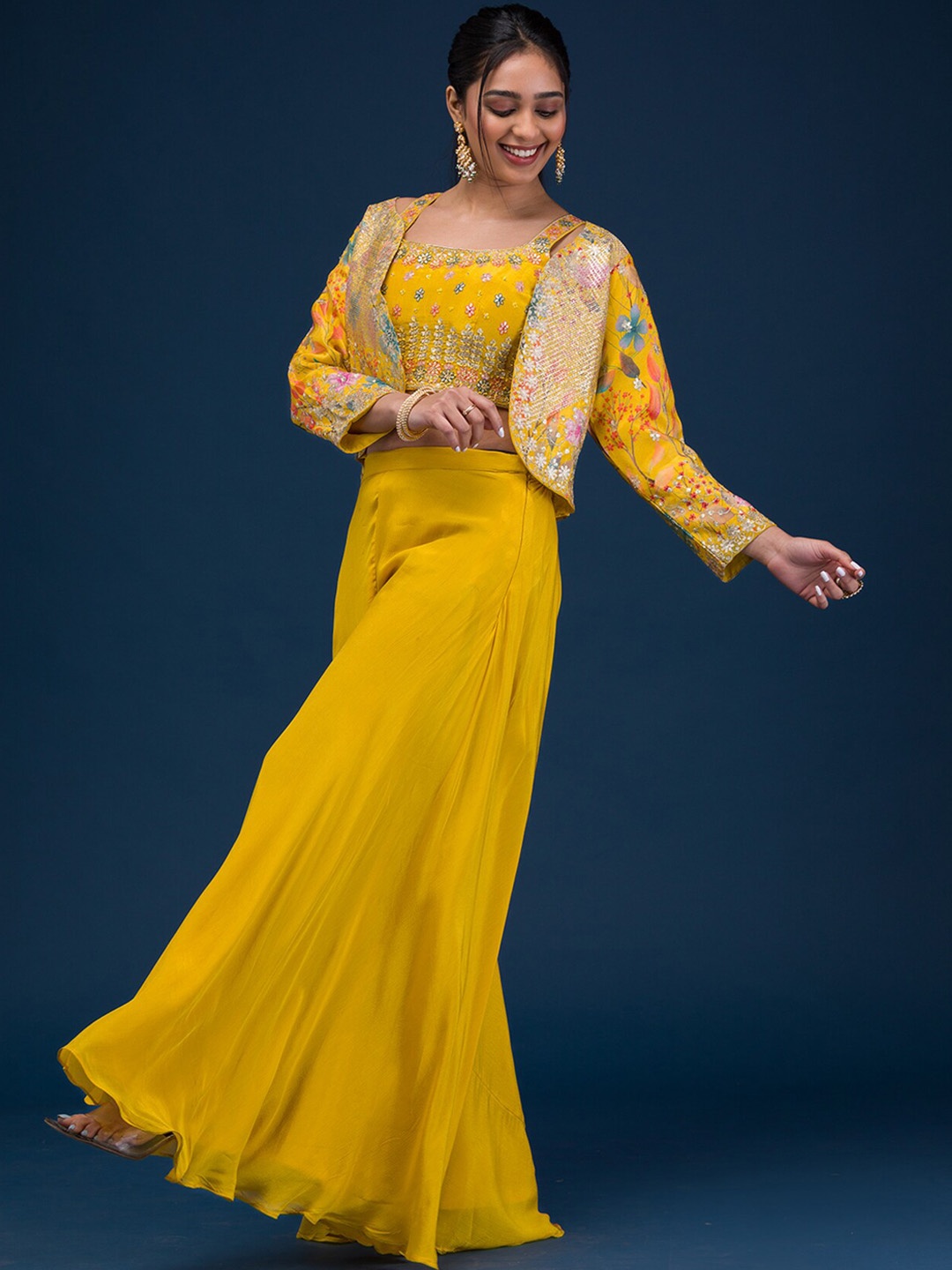 

Koskii Embellished Shoulder Straps Top With Palazzo & Jacket, Yellow