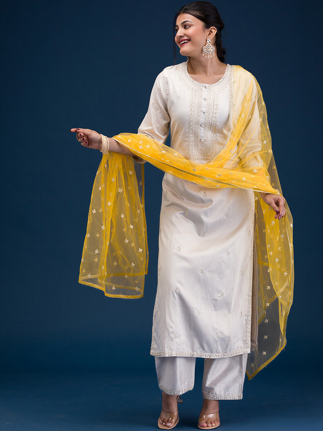 

Koskii Floral Embroidered Regular Chanderi Cotton Kurta with Palazzos & Dupatta, White