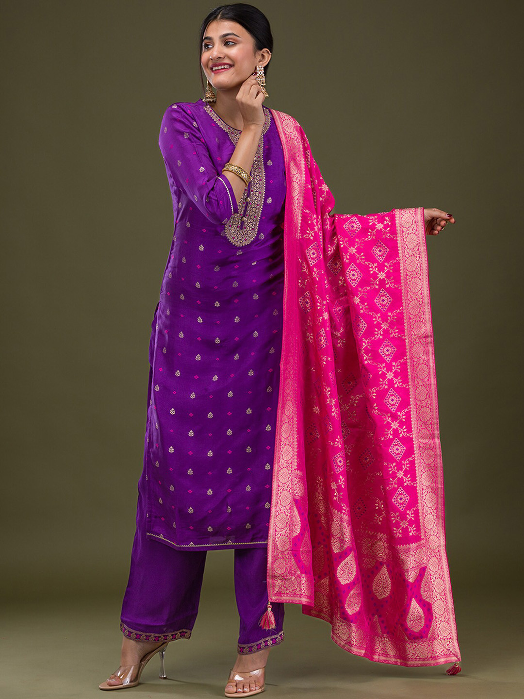 

Koskii Floral Embroidered Kurta with Trousers & With Dupatta, Purple