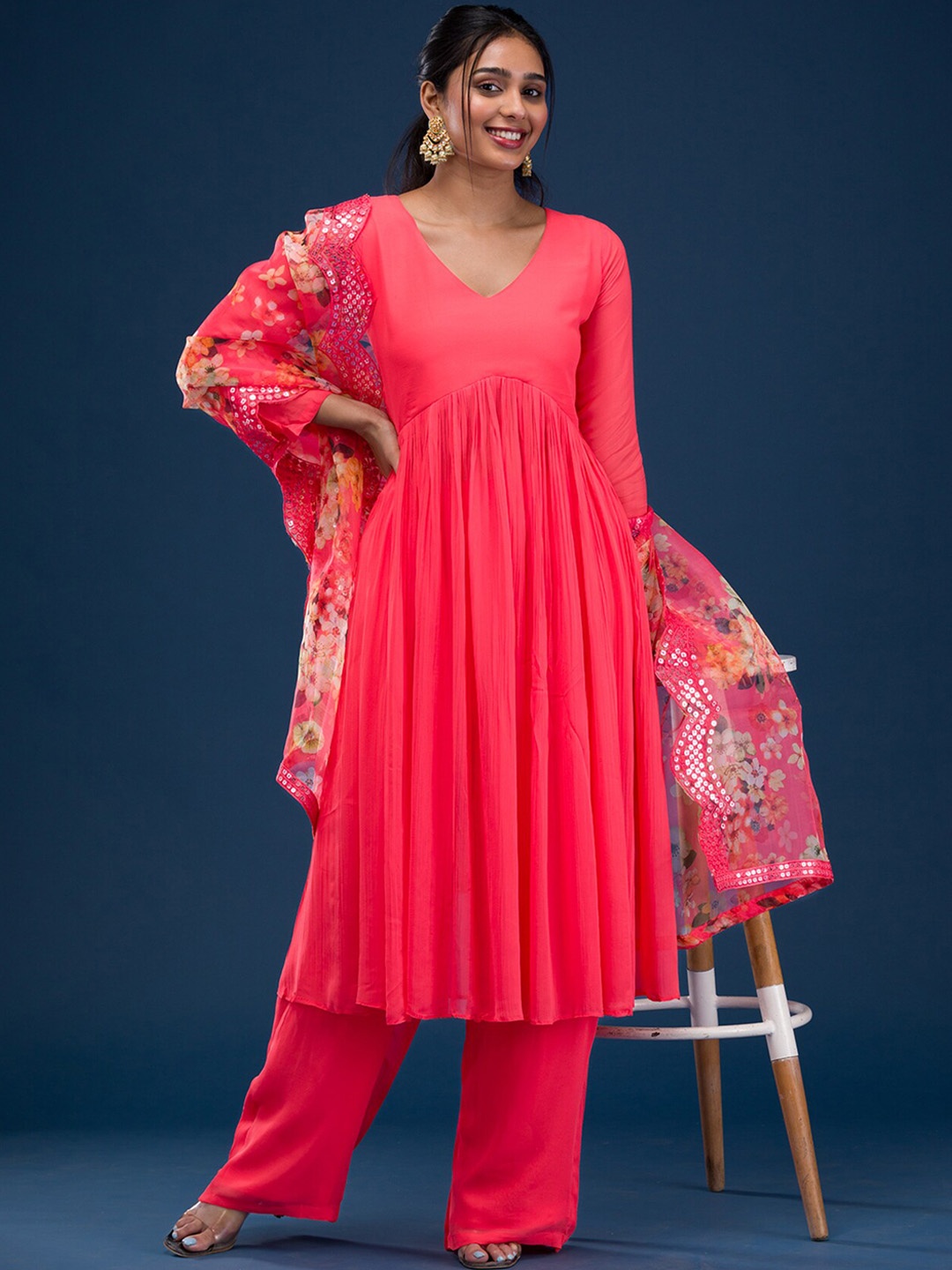 

Koskii Empire Anarkali Kurta with Trousers & Dupatta, Red