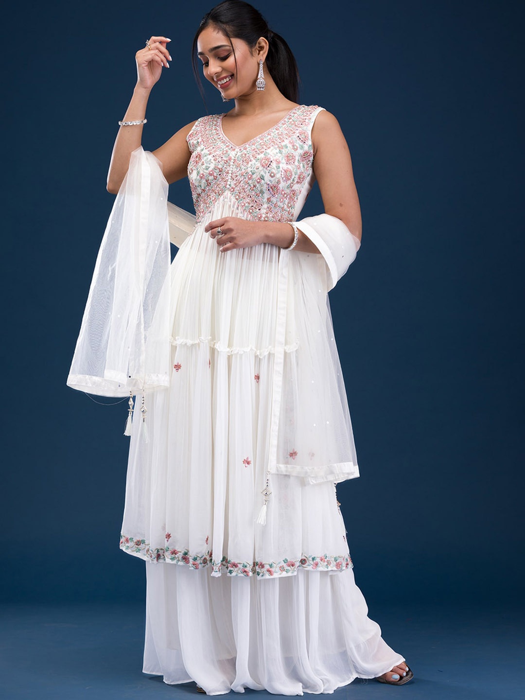 

Koskii Floral Embroidered Empire Sequinned Kurta with Palazzos & With Dupatta, White