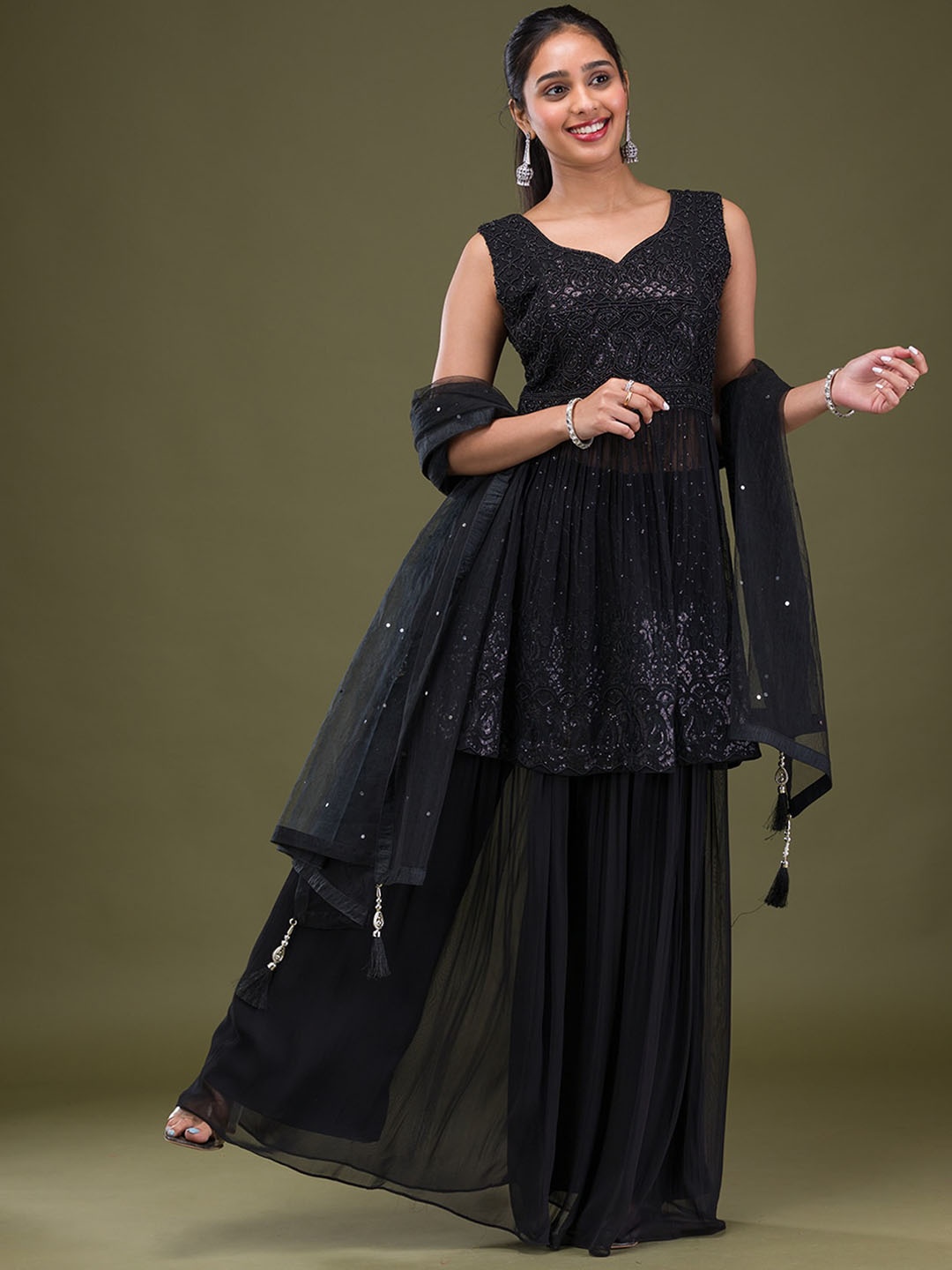 

Koskii Floral Embroidered Sequinned Kurta with Palazzos & With Dupatta, Black
