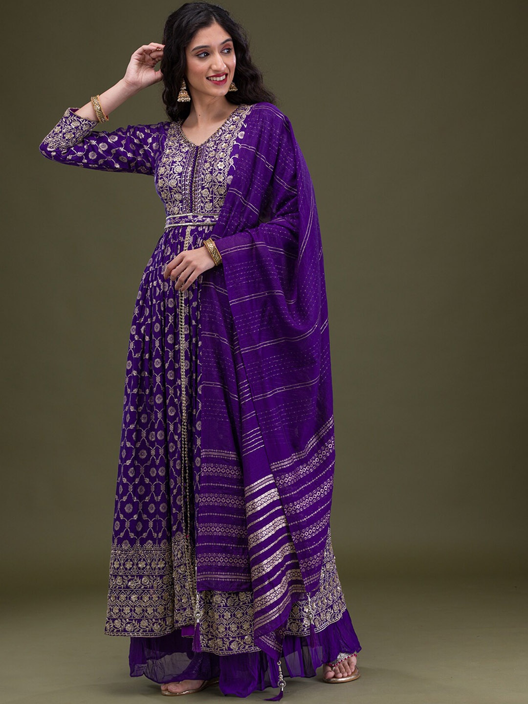 

Koskii Floral Embroidered Kurta with Palazzos & With Dupatta, Purple