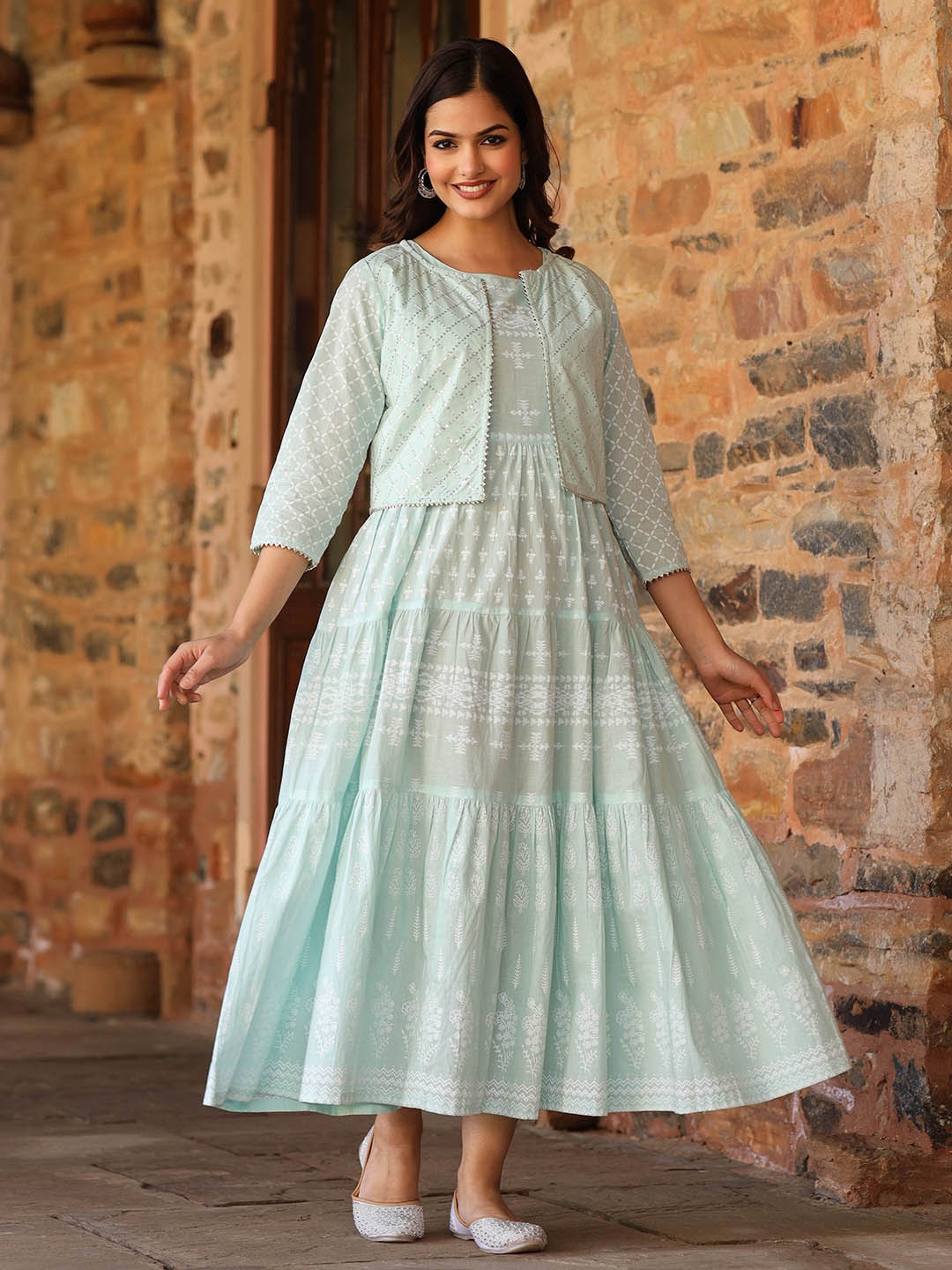 

AMIRAS INDIAN ETHNIC WEAR Ethnic Print Sequined Fit & Flare Maxi Ethnic Dress With Jacket, Blue