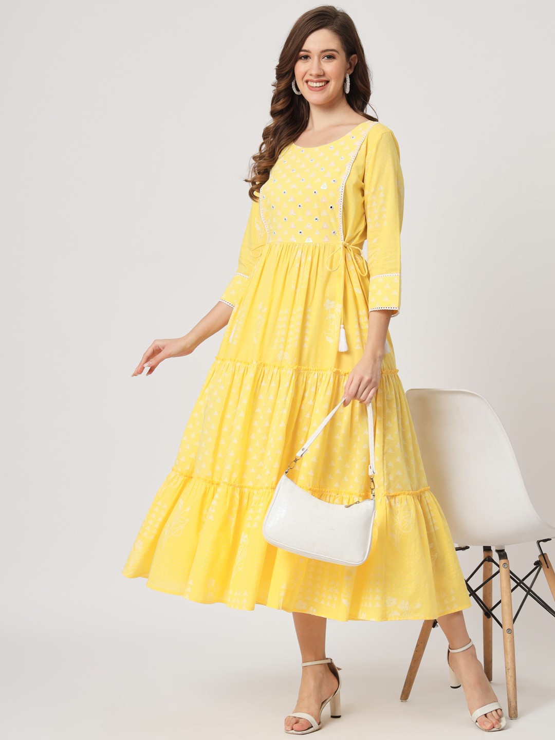 

AMIRAS INDIAN ETHNIC WEAR Geometric Print Embroidered Tiered Cotton Fit & Flare Midi Dress, Yellow