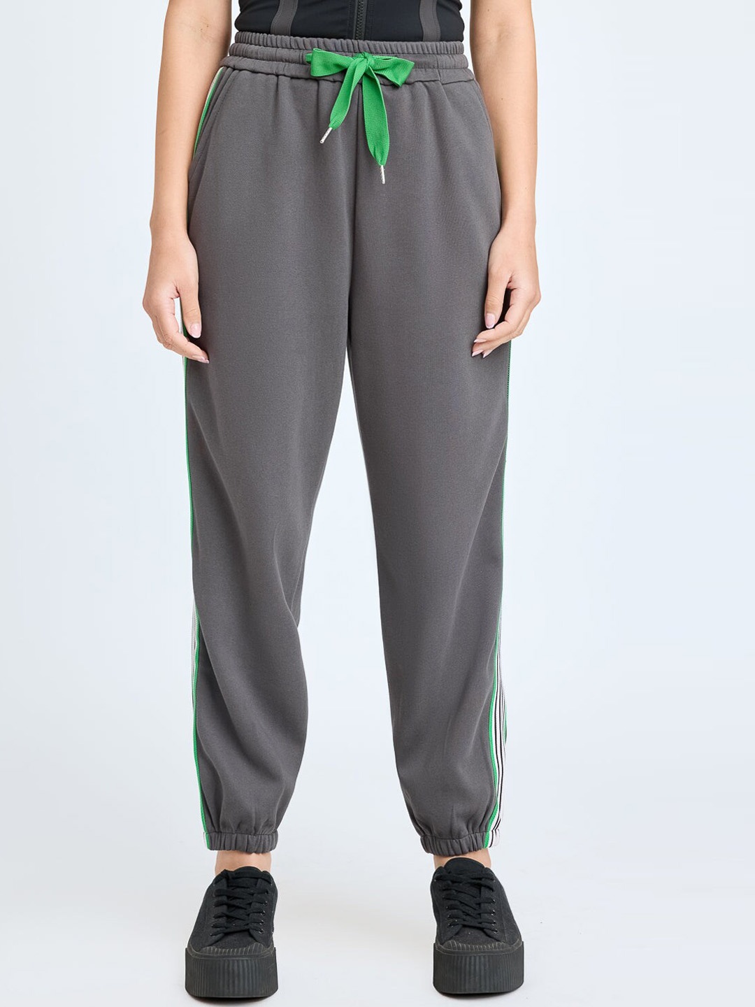 

FREAKINS Grey Side-Striped Detailed Mid-Rise Pure Cotton Jogger