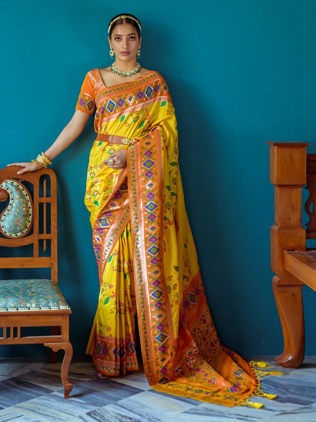 

Mitera Yellow Ethnic Motifs Woven Design Zari Paithani Saree