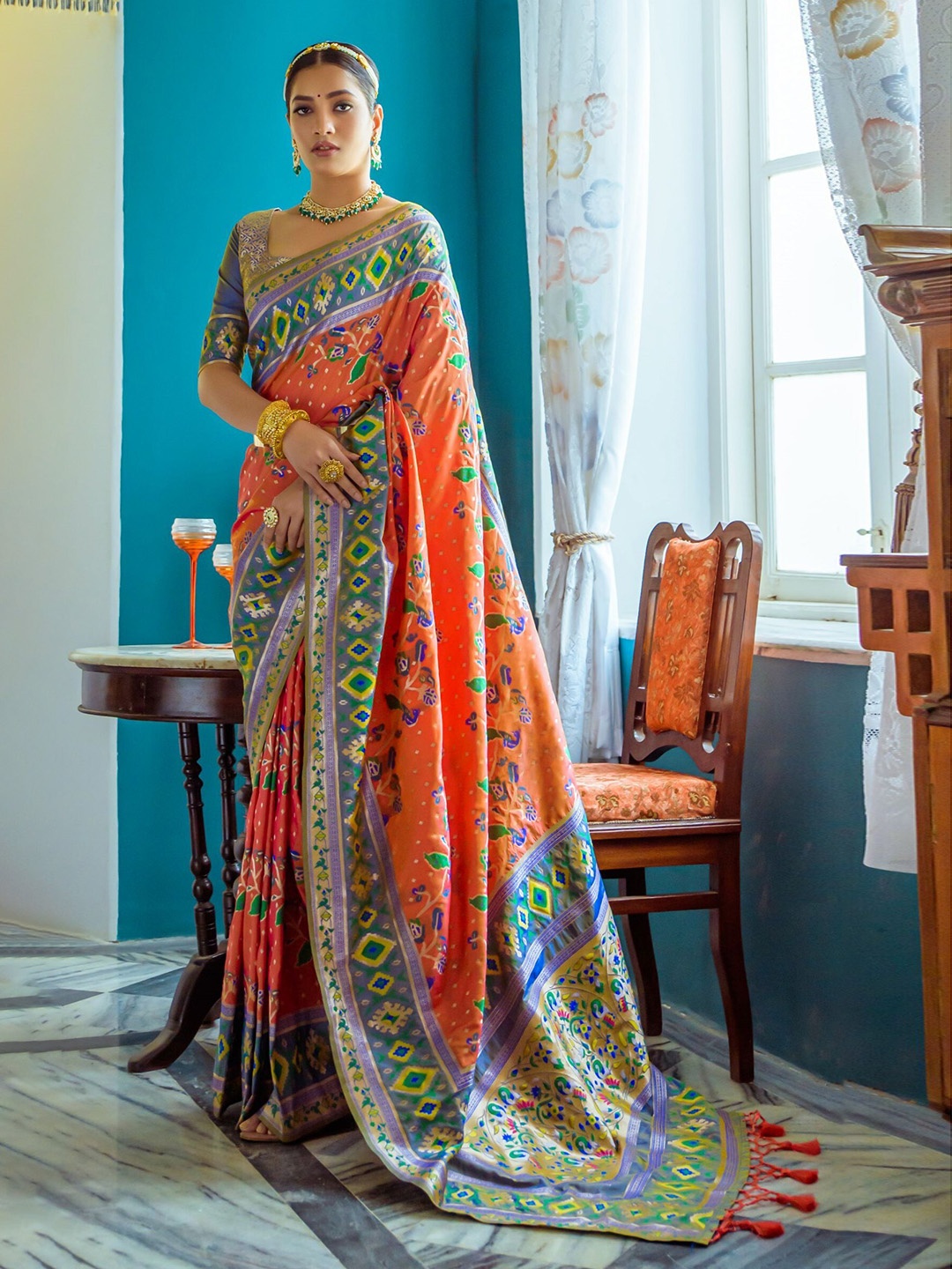 

Mitera Woven Design Zari Silk Blend Paithani Saree, Orange