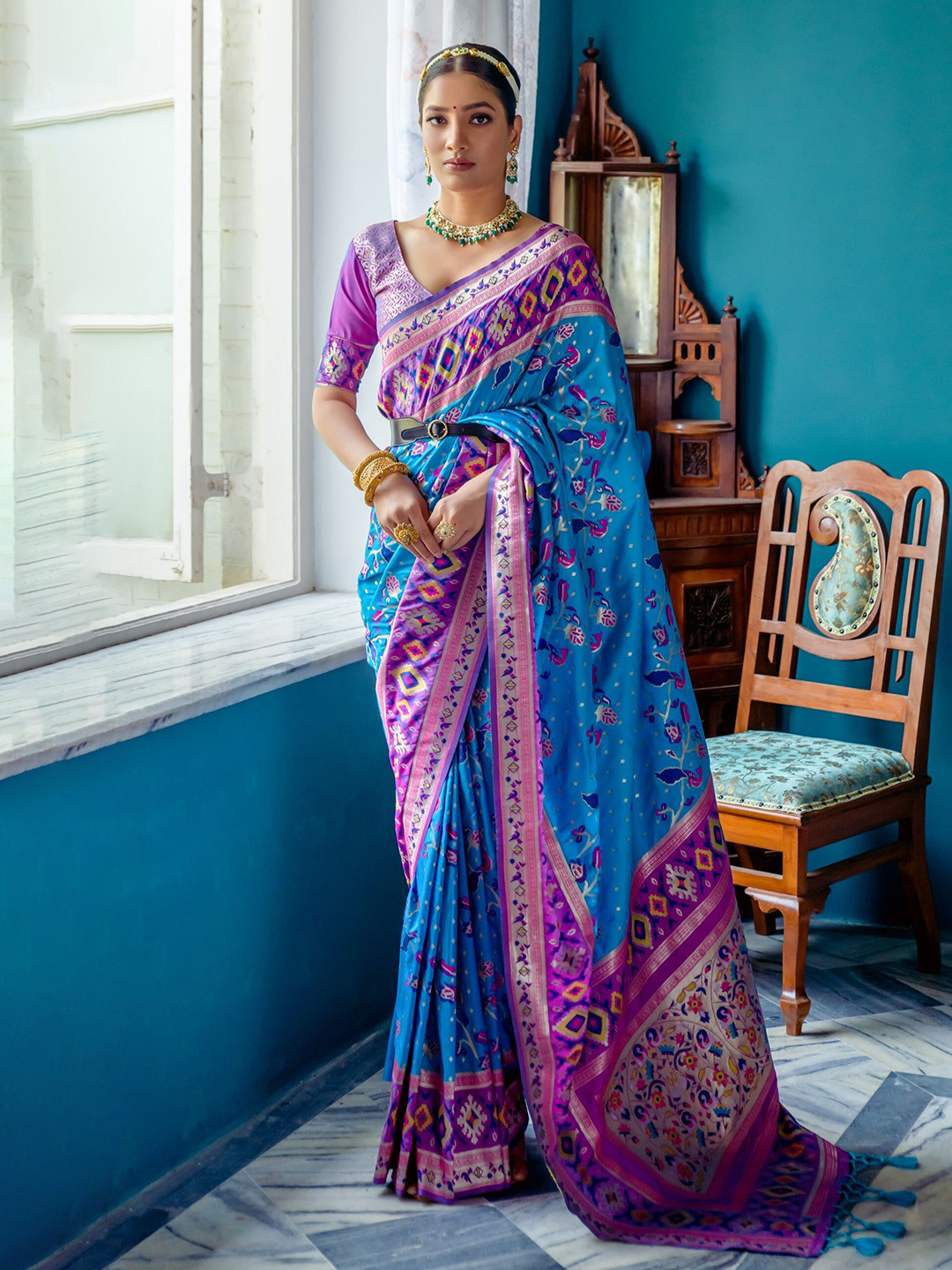 

Mitera Blue Ethnic Motifs Woven Design Zari Paithani Saree