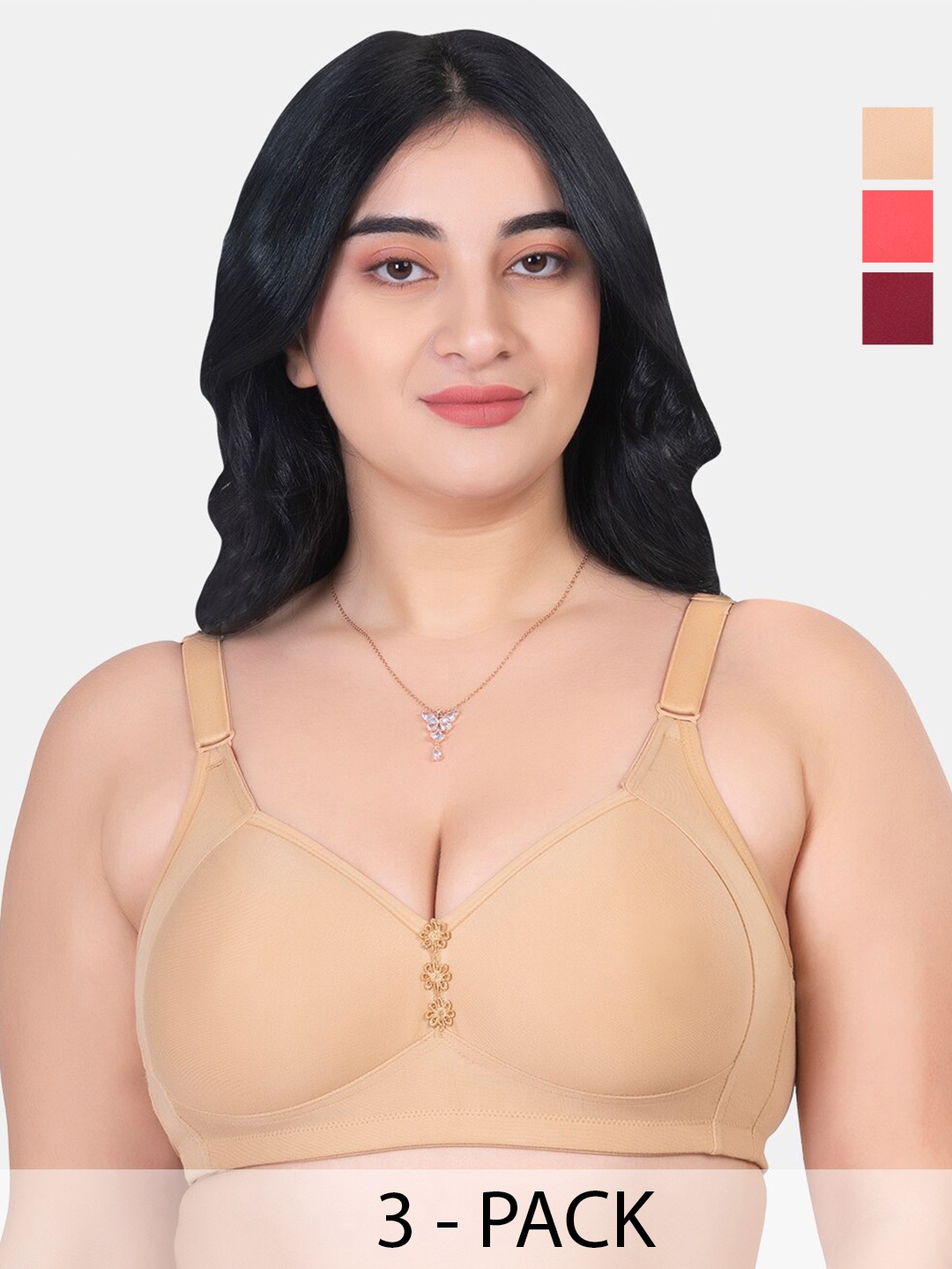 

KOMLI Plus Size Pack Of 3 Full Coverage Cotton Everyday Bras With All Day Comfort, Beige