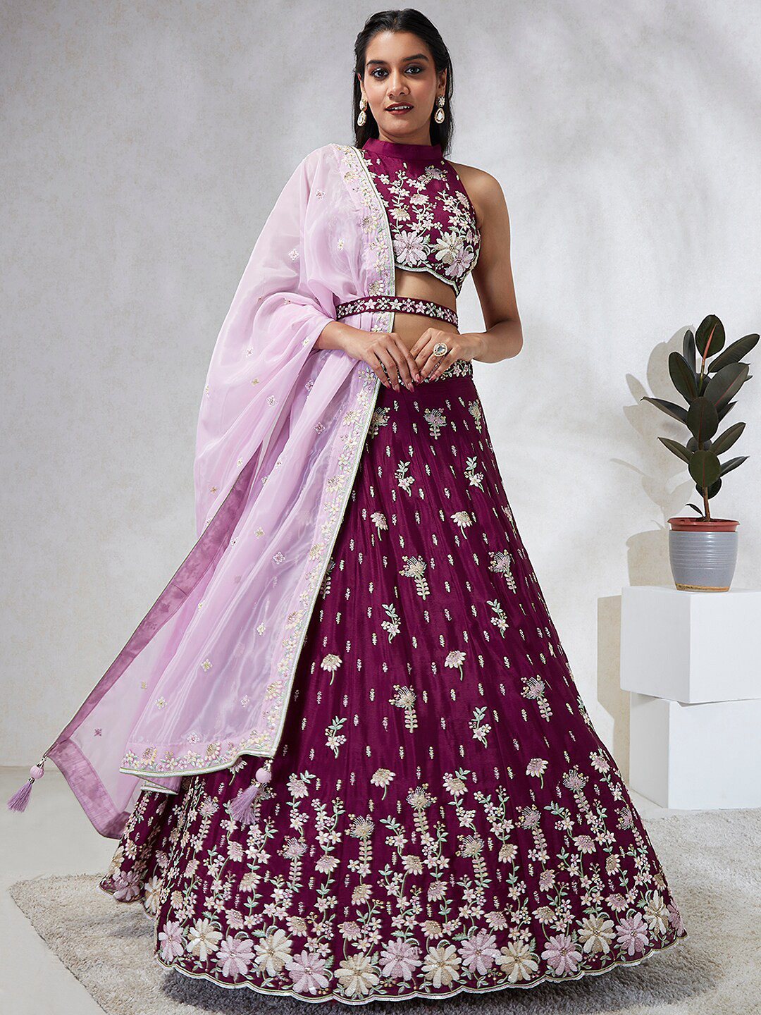 

panchhi Embroidered Sequinned Semi-Stitched Lehenga & Unstitched Blouse With Dupatta, Burgundy