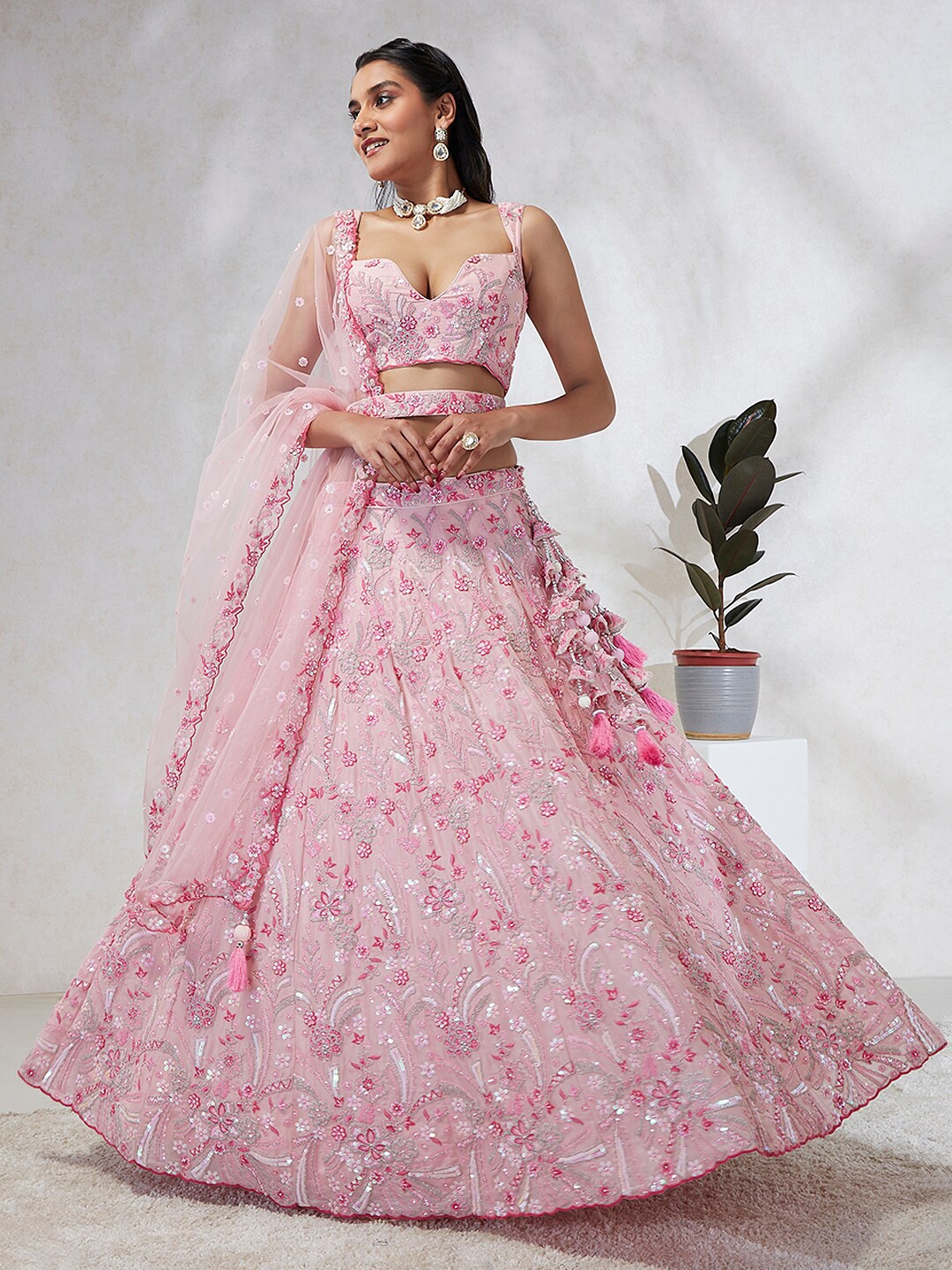 

panchhi Embroidered Sequinned Semi-Stitched Lehenga & Unstitched Blouse With Dupatta, Pink