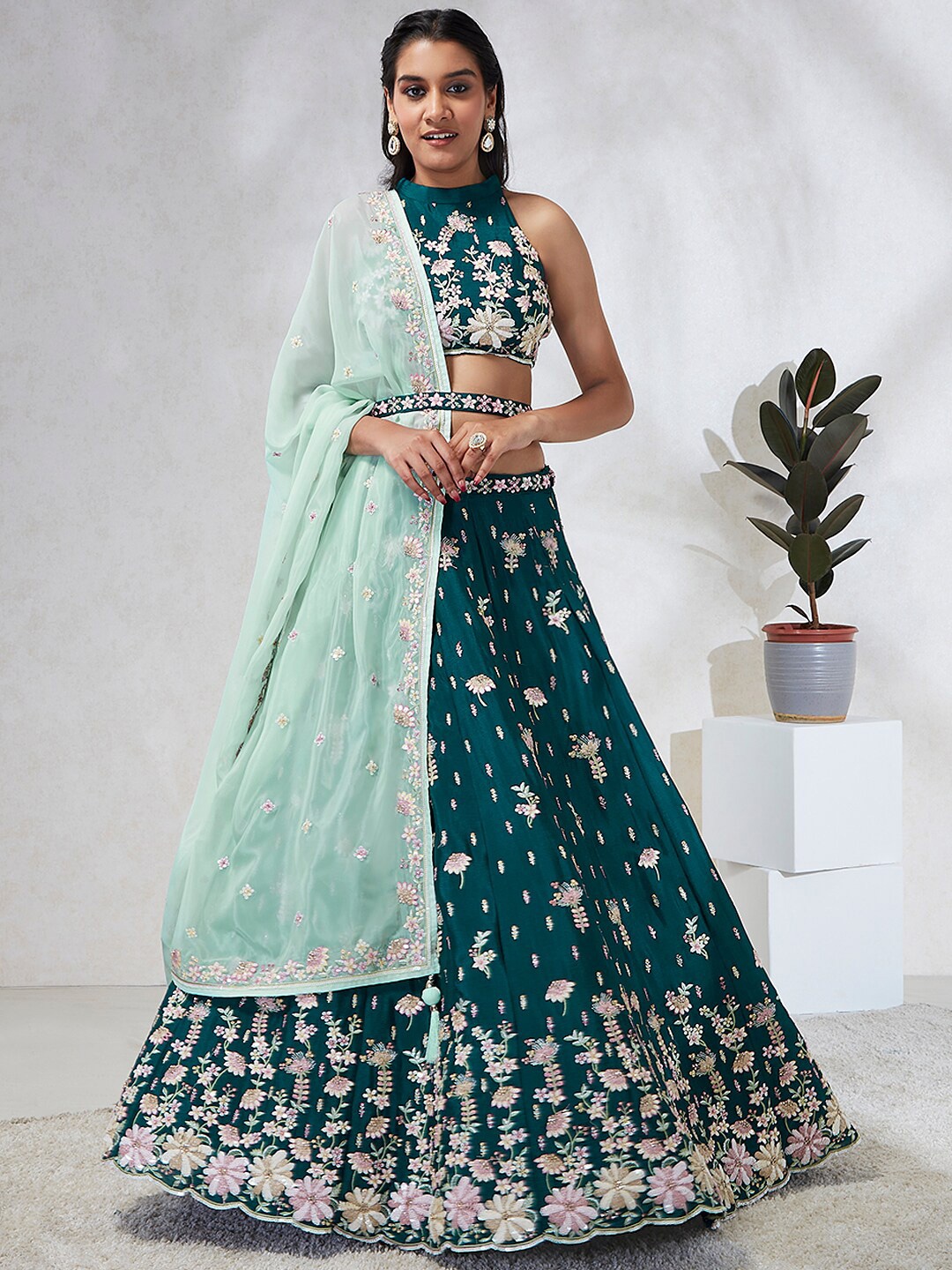 

panchhi Embroidered Sequinned Semi-Stitched Lehenga & Unstitched Blouse With Dupatta, Green
