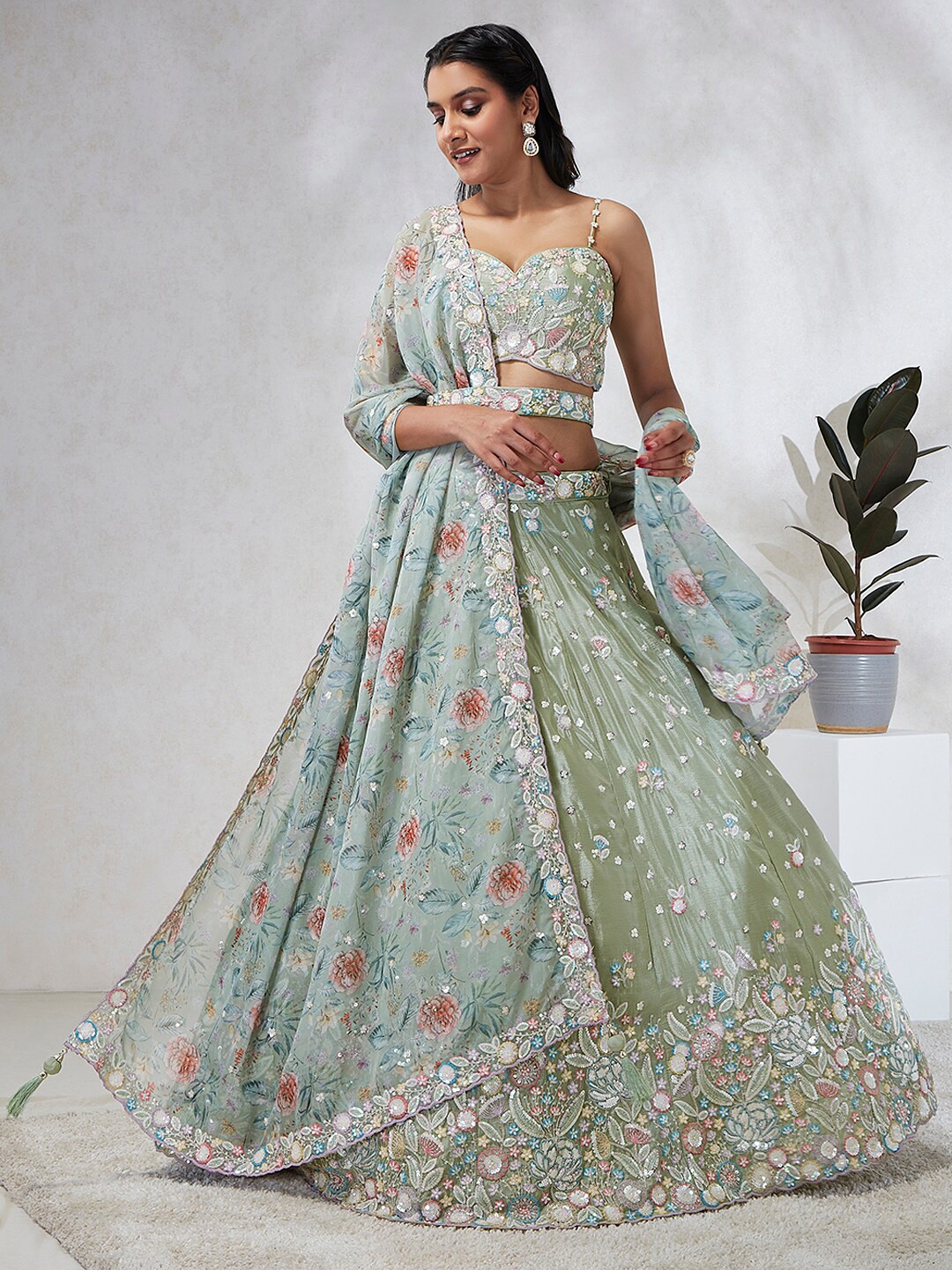 

panchhi Embroidered Sequinned Semi-Stitched Lehenga & Unstitched Blouse With Dupatta, Lime green
