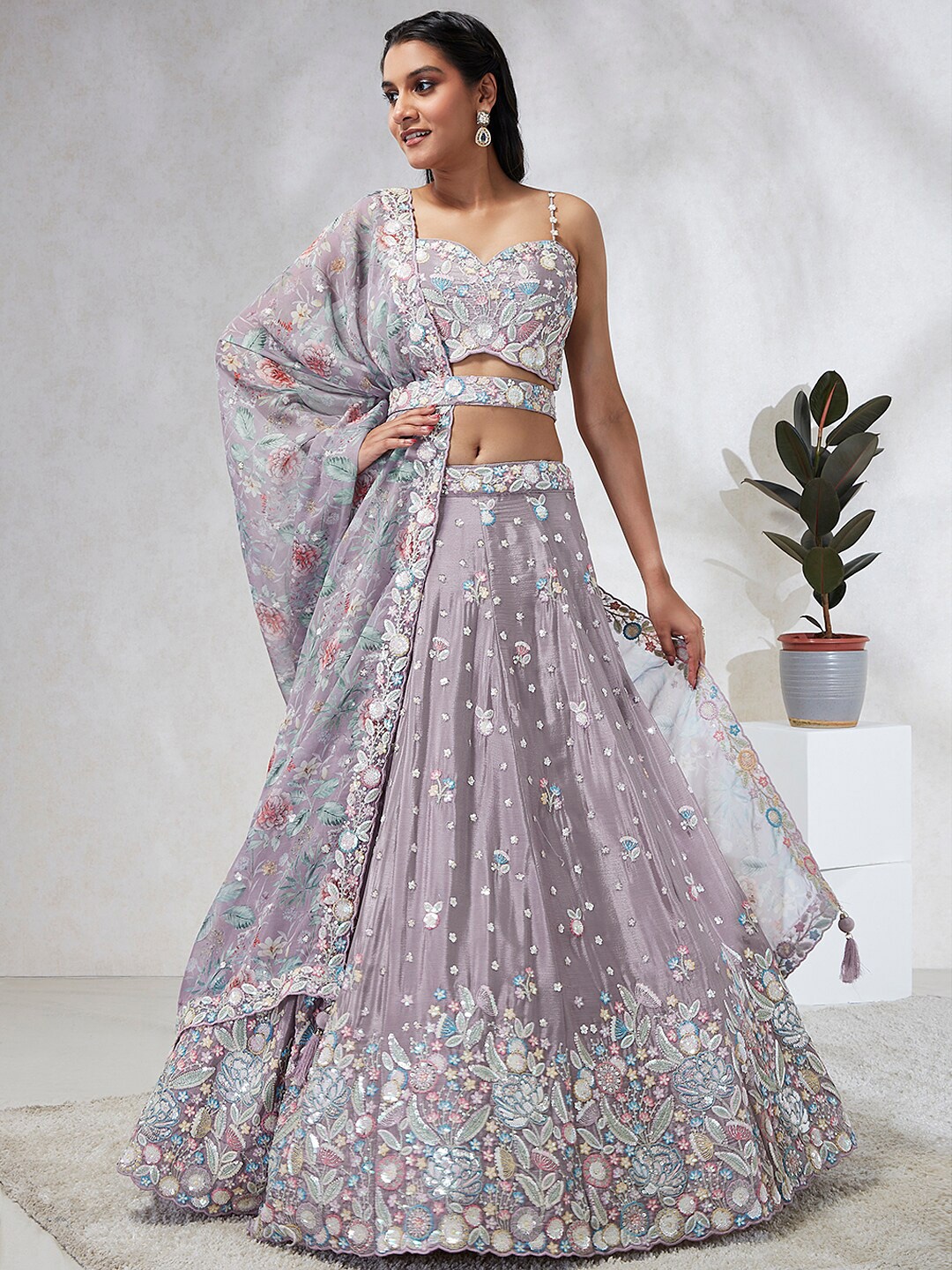 

panchhi Embroidered Sequinned Semi-Stitched Lehenga & Unstitched Blouse With Dupatta, Mauve